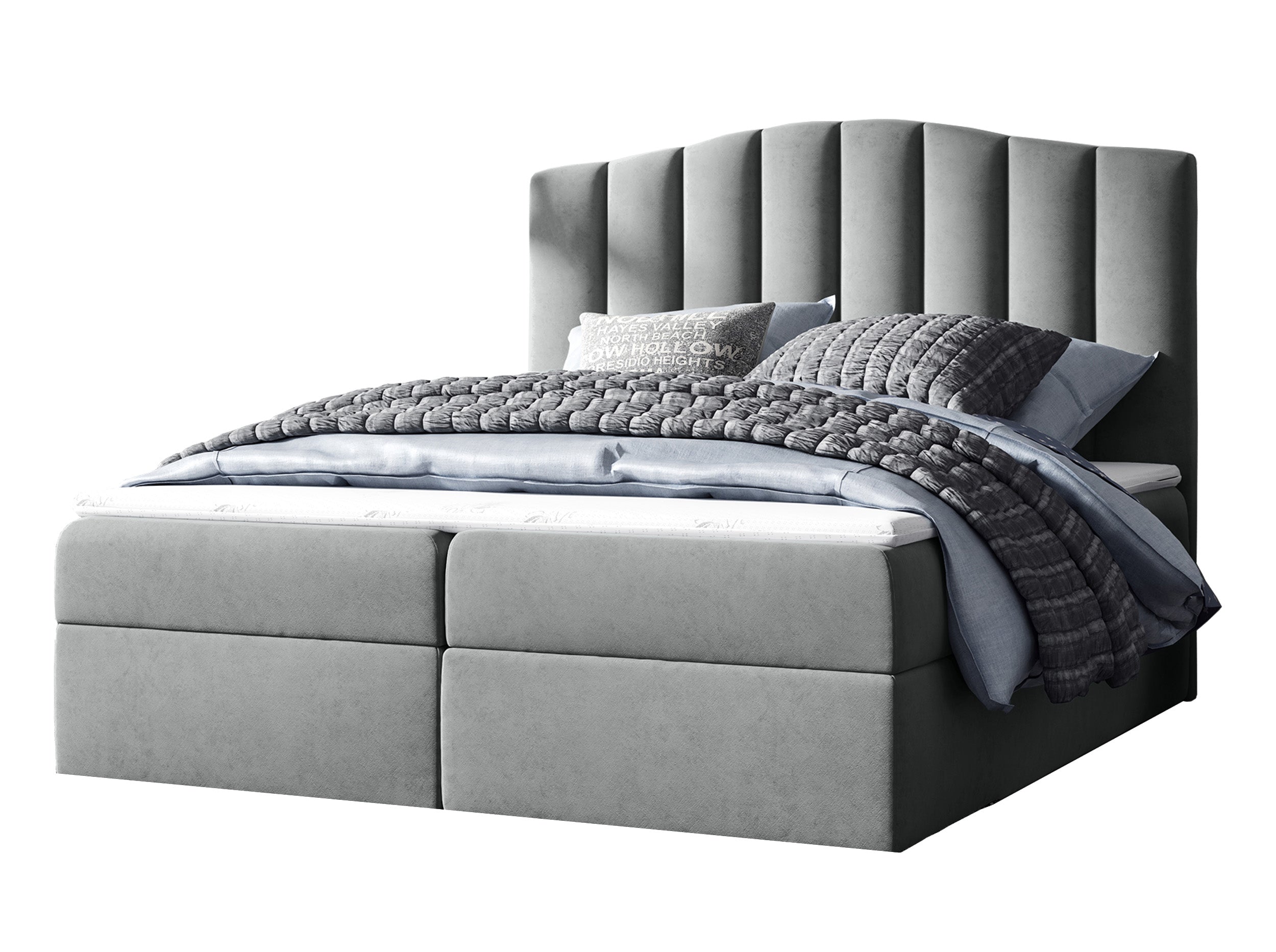 Łóżko kontynentalne Alcudia 140x200 z dwoma pojemnikami, materacem i topperem szare hydrofobowe