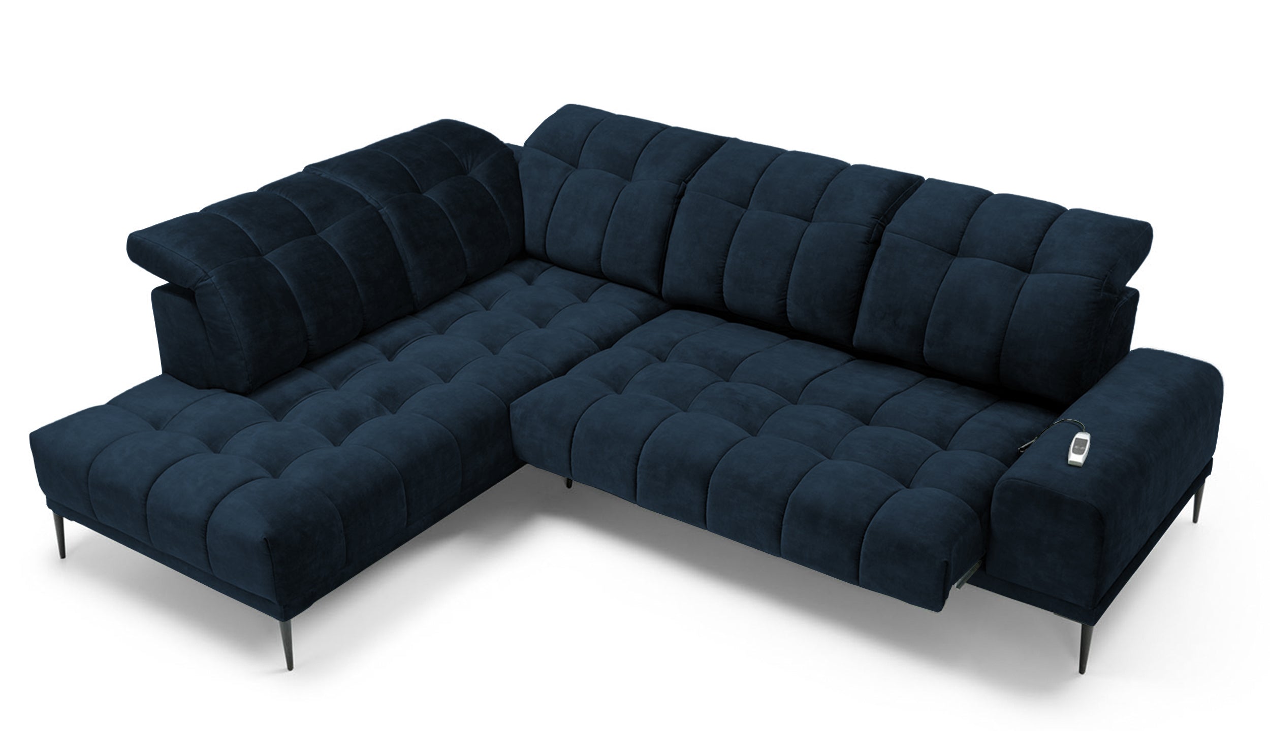 Narożnik Boledit z wysuwanym siedziskiem elektrycznym granatowy w tkaninie hydrofobowej welur prawostronny