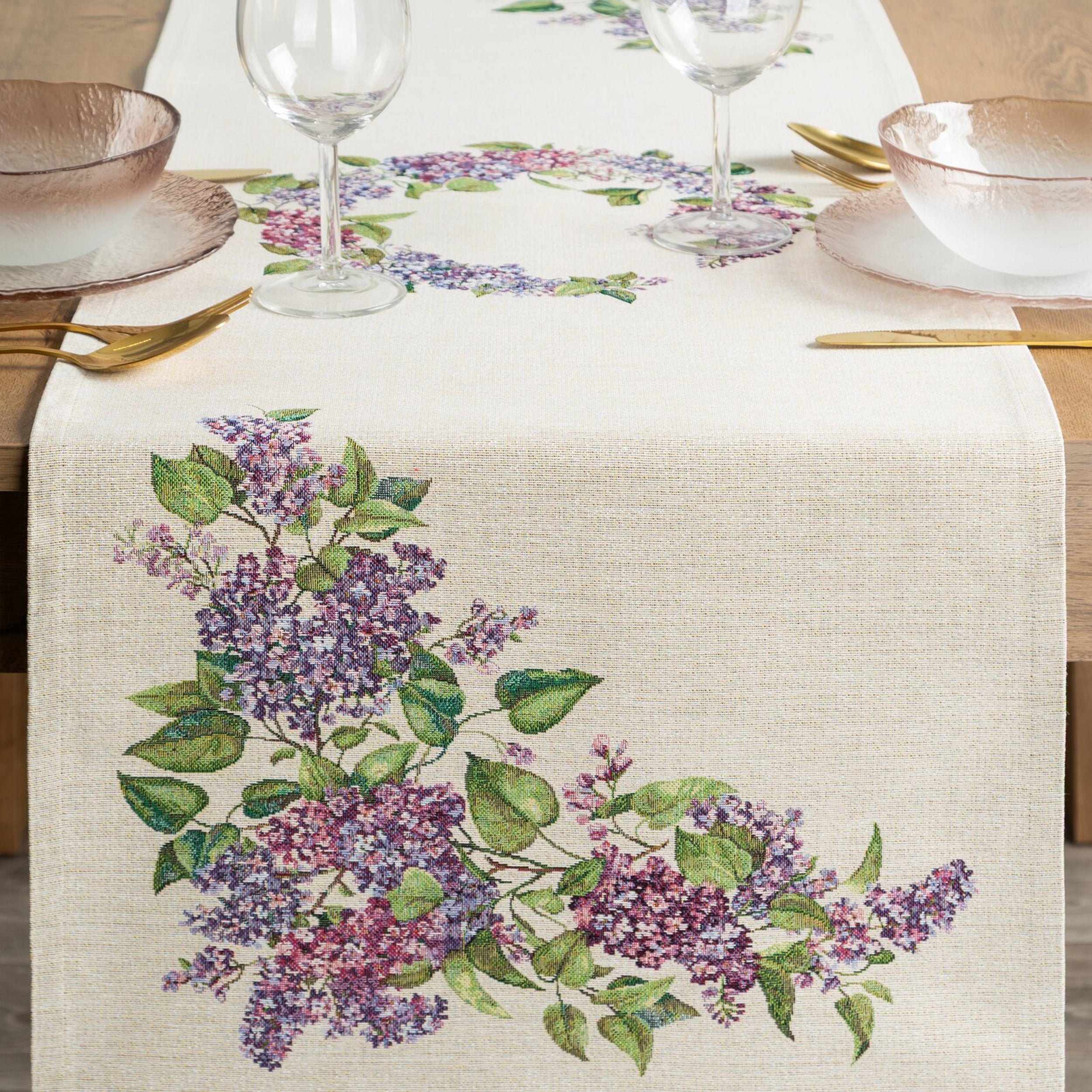 Bieżnik gobelinowy Lavendes 45x140 cm kremowy w kwiaty
