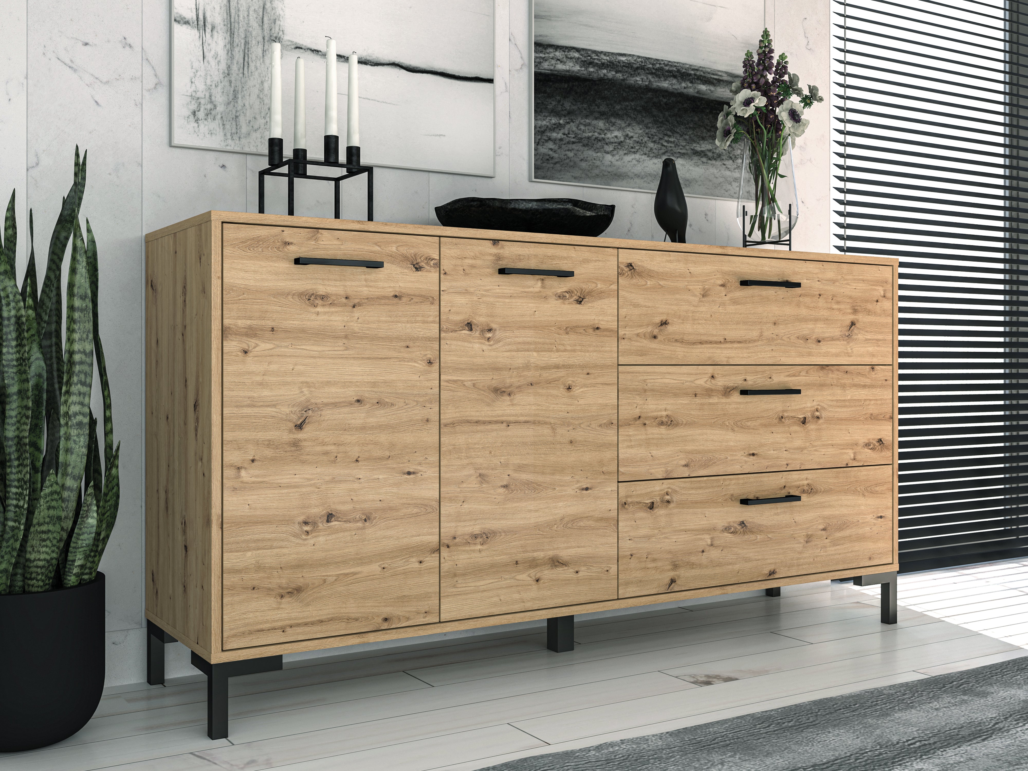 Komoda Ballarti 159 cm dwudrzwiowa z trzema szufladami Dąb artisan