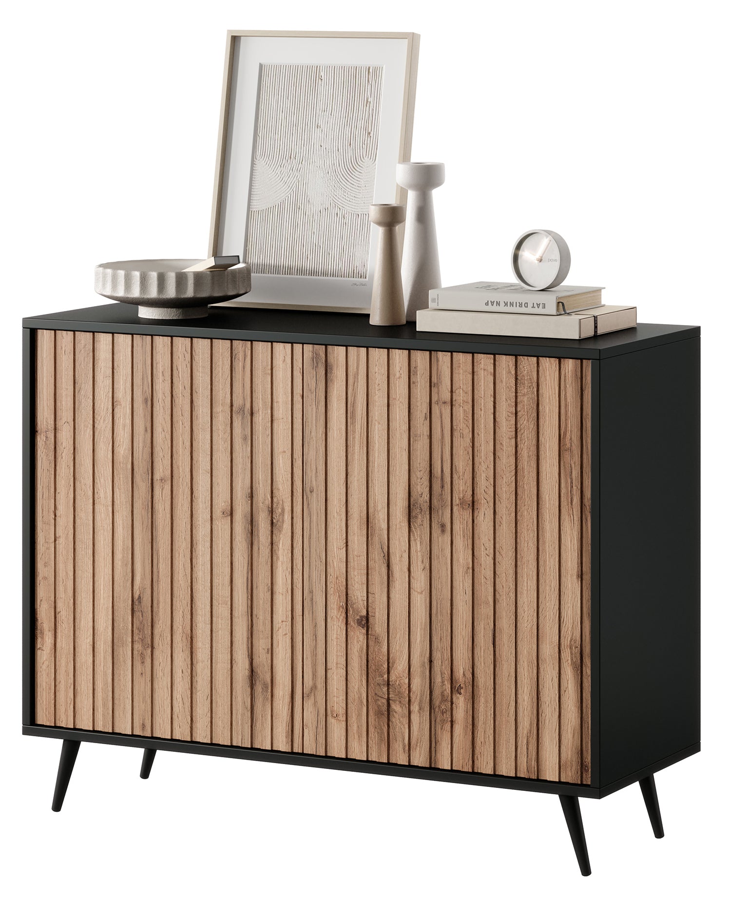 Komoda Bello z lamelowymi frontami 104 cm czarna/dąb wotan