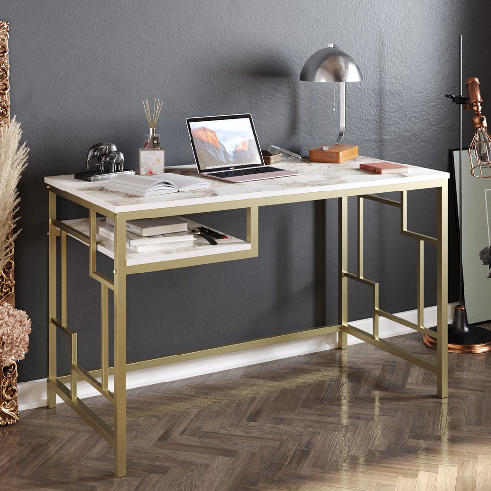 Biurko glamour Marade 120x60 cm z półką na złotym stelażu