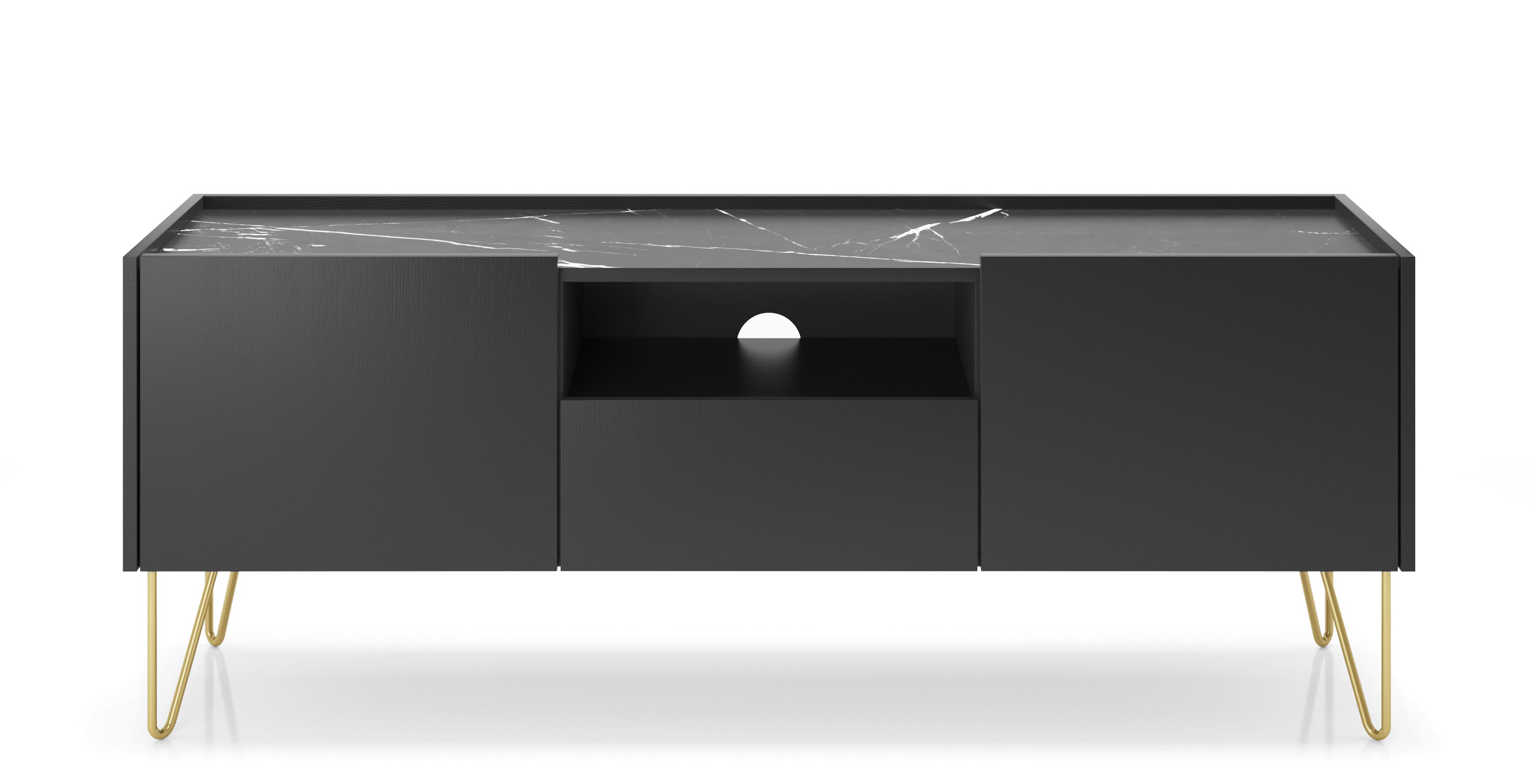 Szafka RTV Dohana z szufladą ze złotymi nogami 144 cm Czarny/Czarny marmur