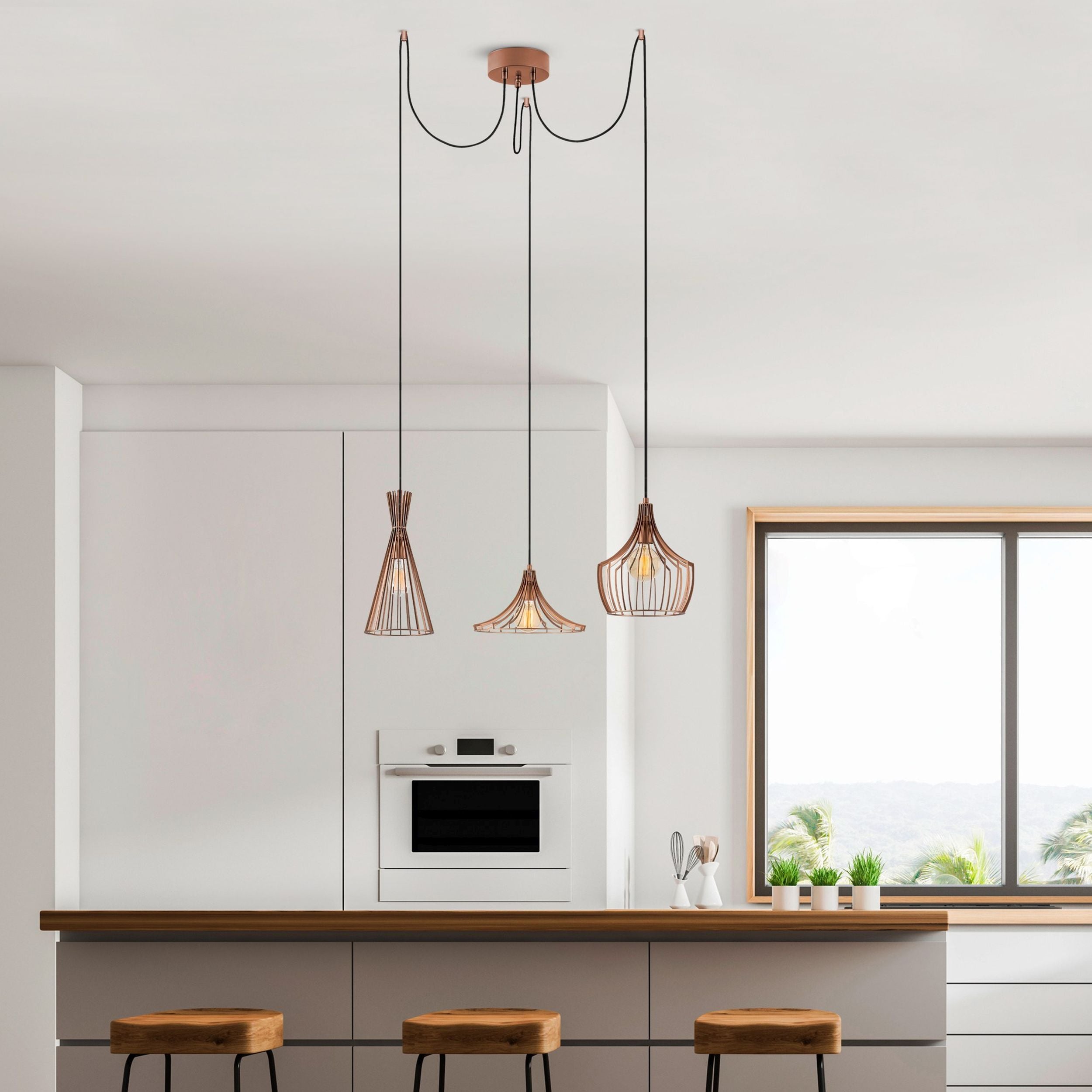 Lampa wisząca Tojil x3 na okrągłej podsufitce miedziana