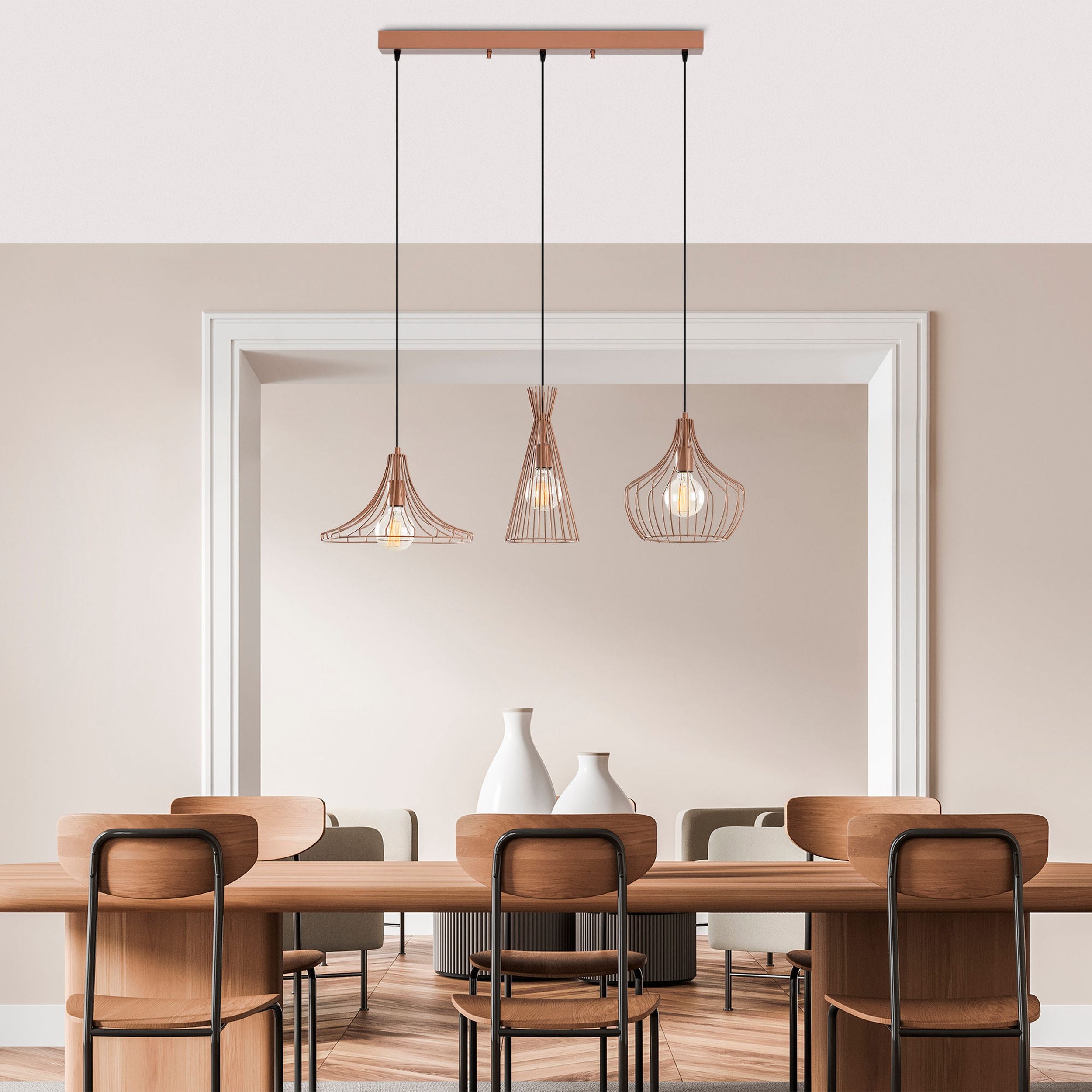 Lampa wisząca Tojil x3 na prostokątnej podsufitce miedziana