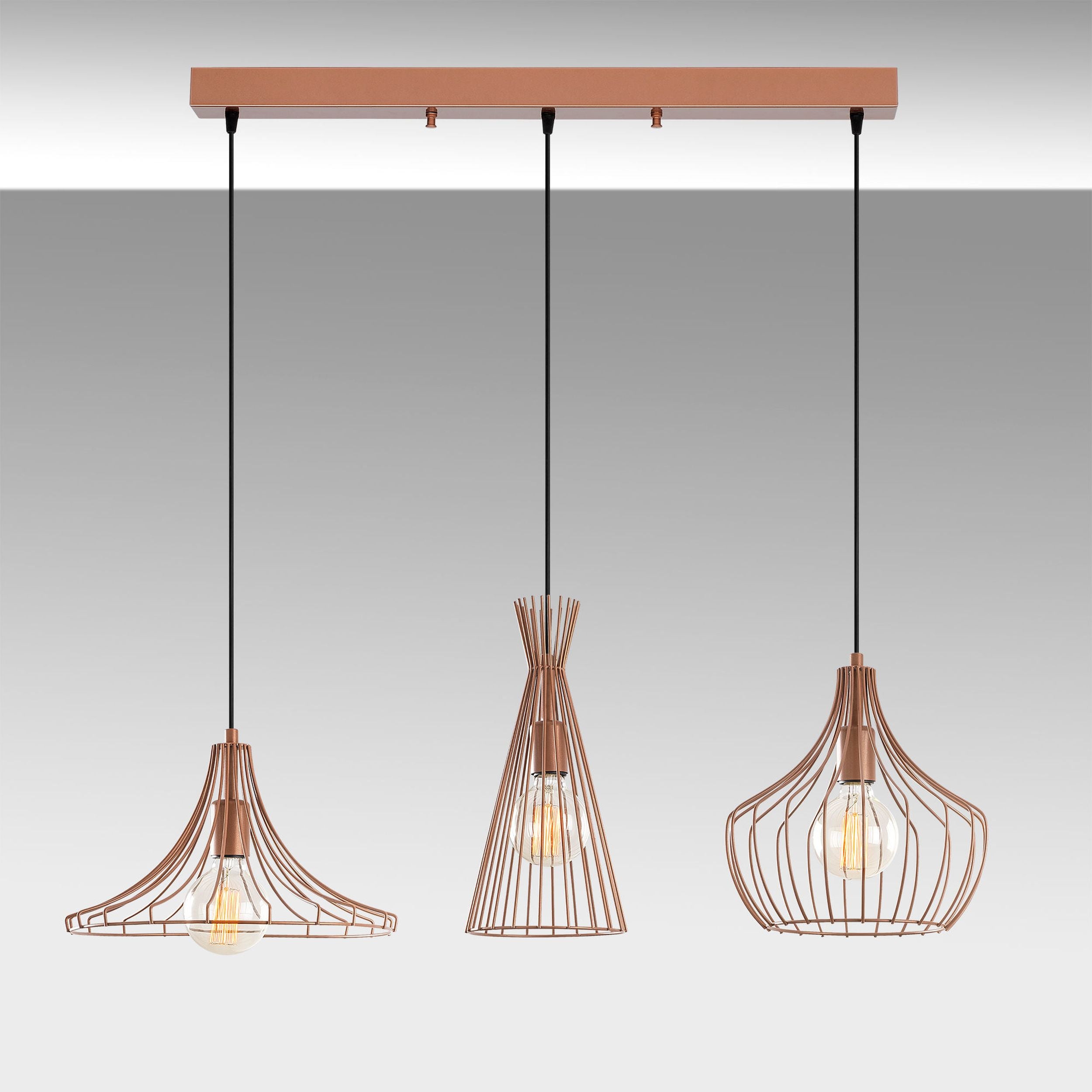 Lampa wisząca Tojil x3 na prostokątnej podsufitce miedziana
