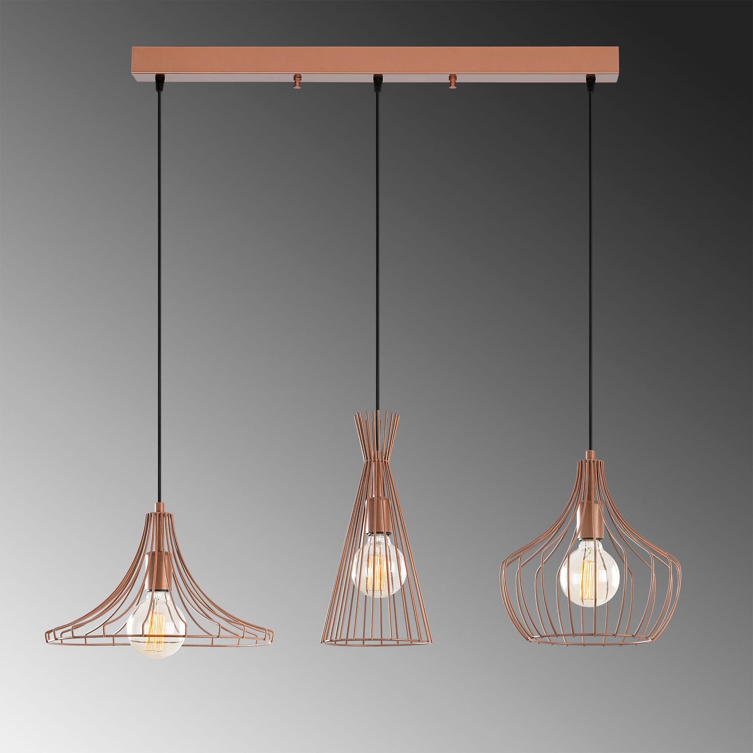 Lampa wisząca Tojil x3 na prostokątnej podsufitce miedziana