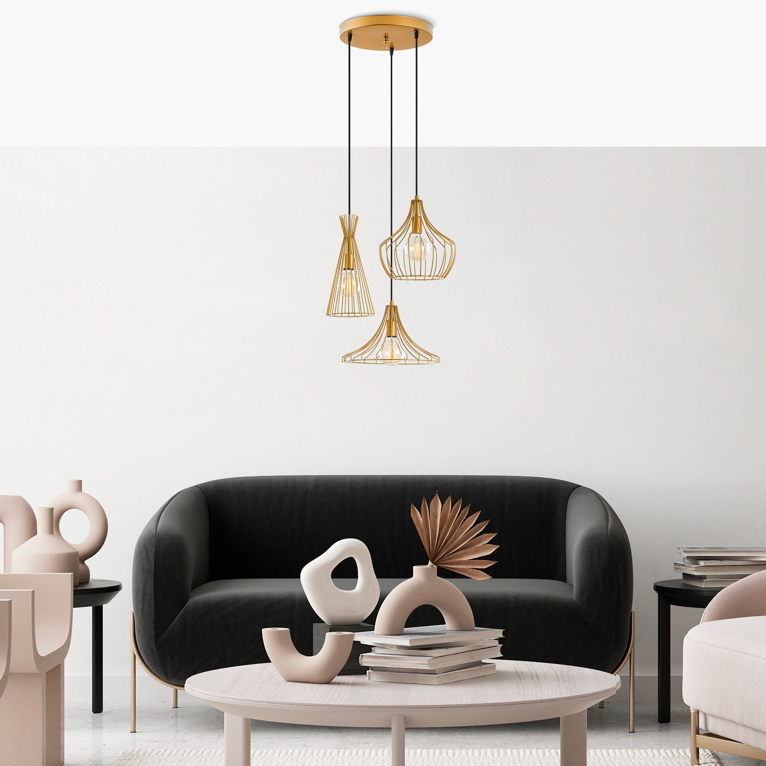 Lampa wisząca Tojil x3 na okrągłej podsufitce asymetryczna złota