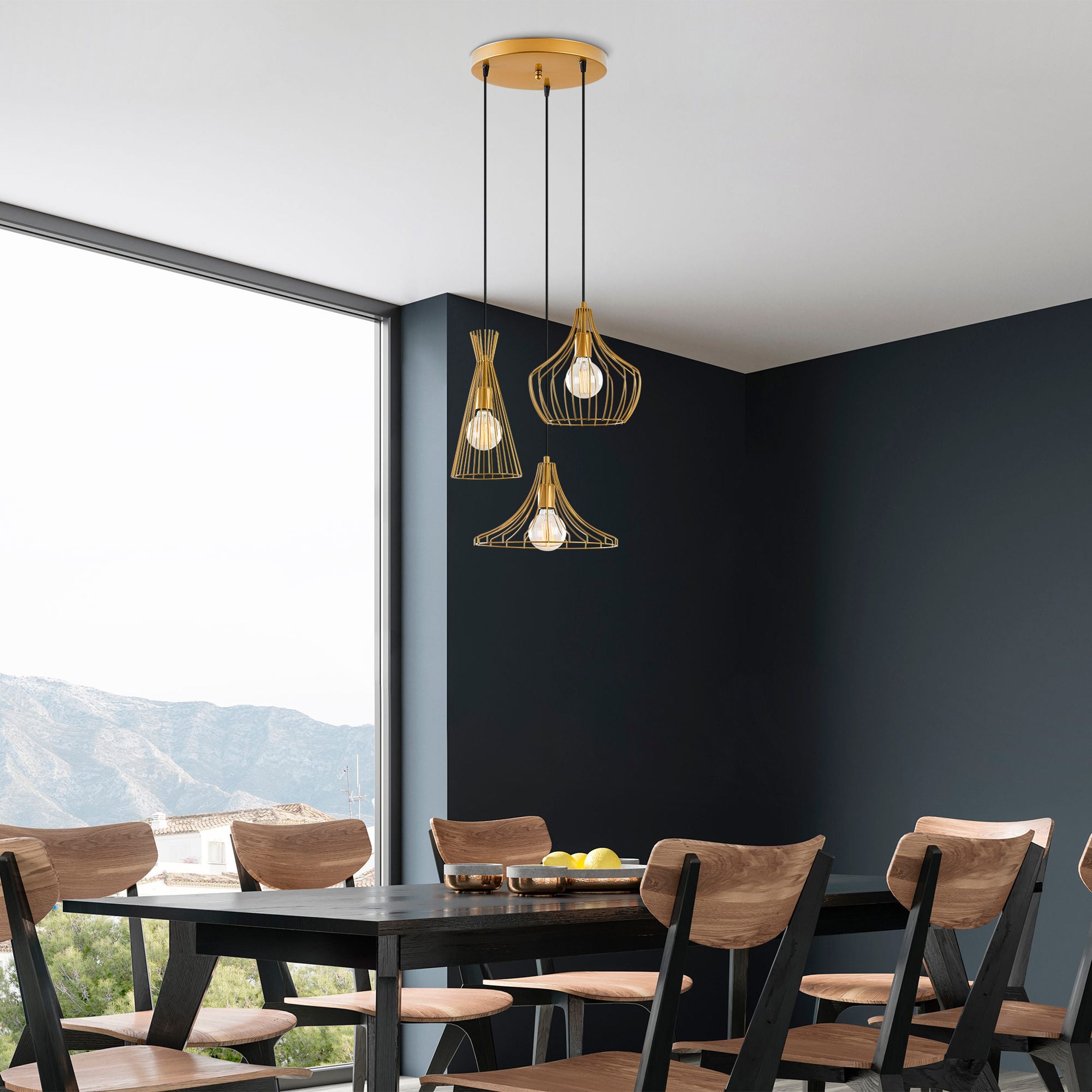 Lampa wisząca Tojil x3 na okrągłej podsufitce asymetryczna złota