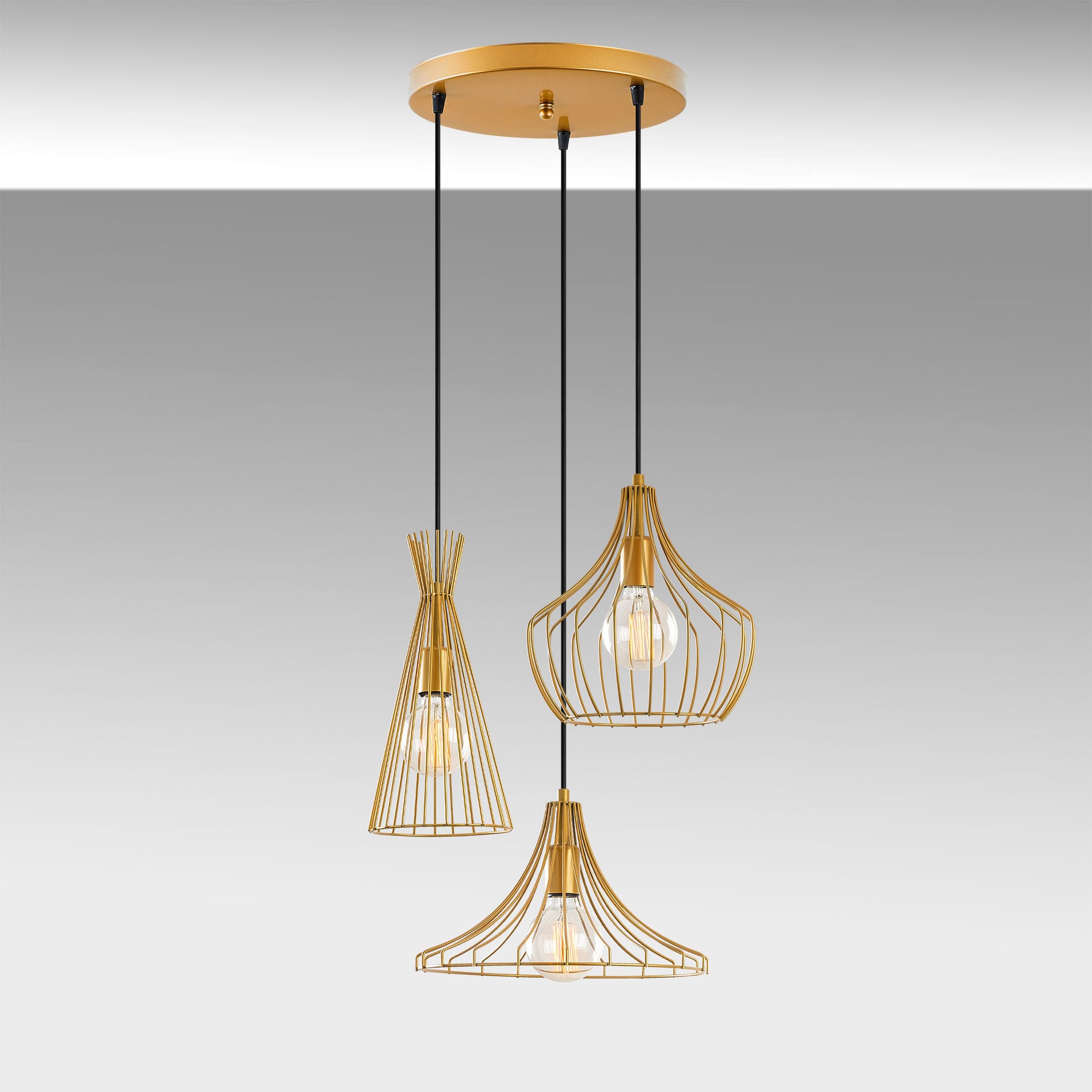 Lampa wisząca Tojil x3 na okrągłej podsufitce asymetryczna złota