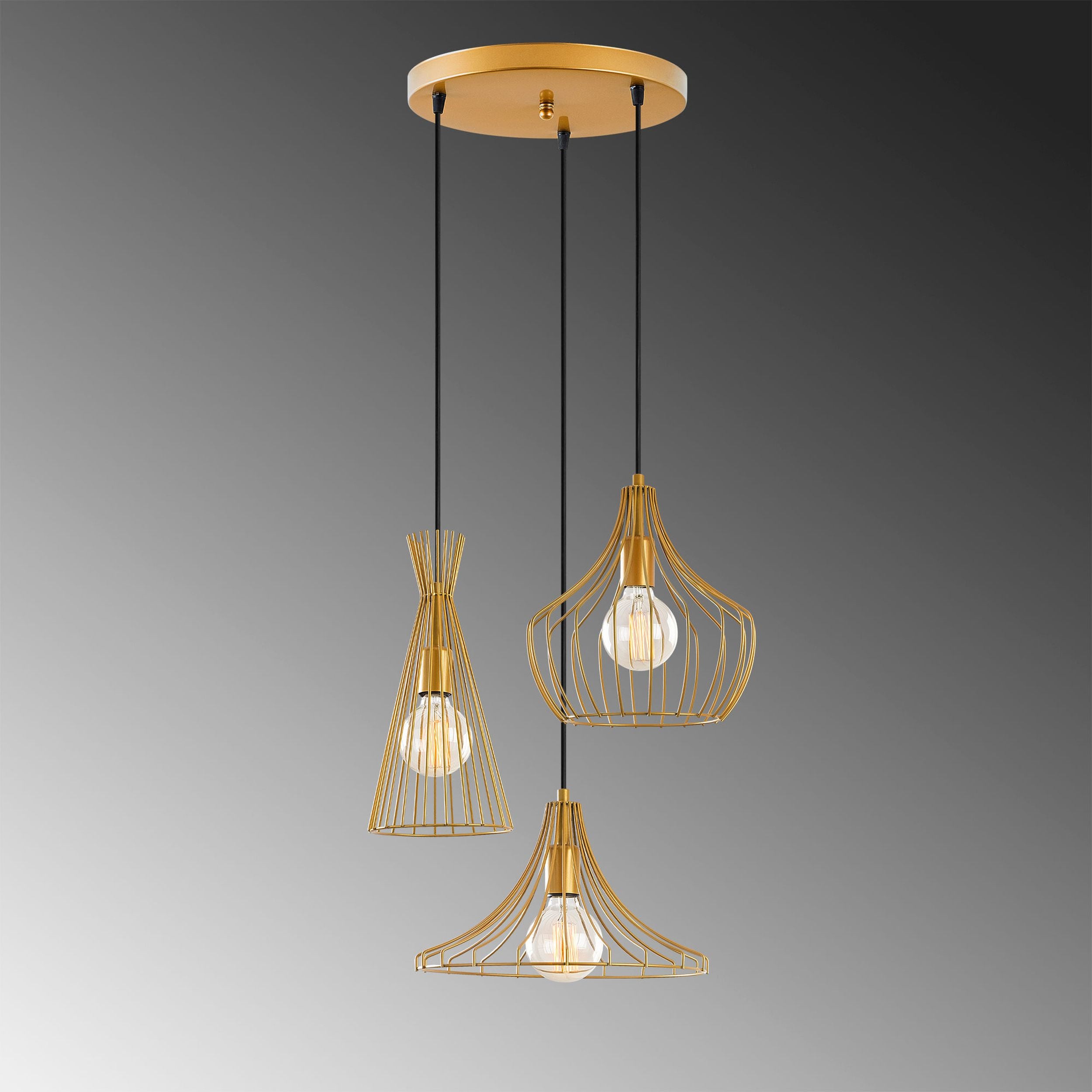 Lampa wisząca Tojil x3 na okrągłej podsufitce asymetryczna złota