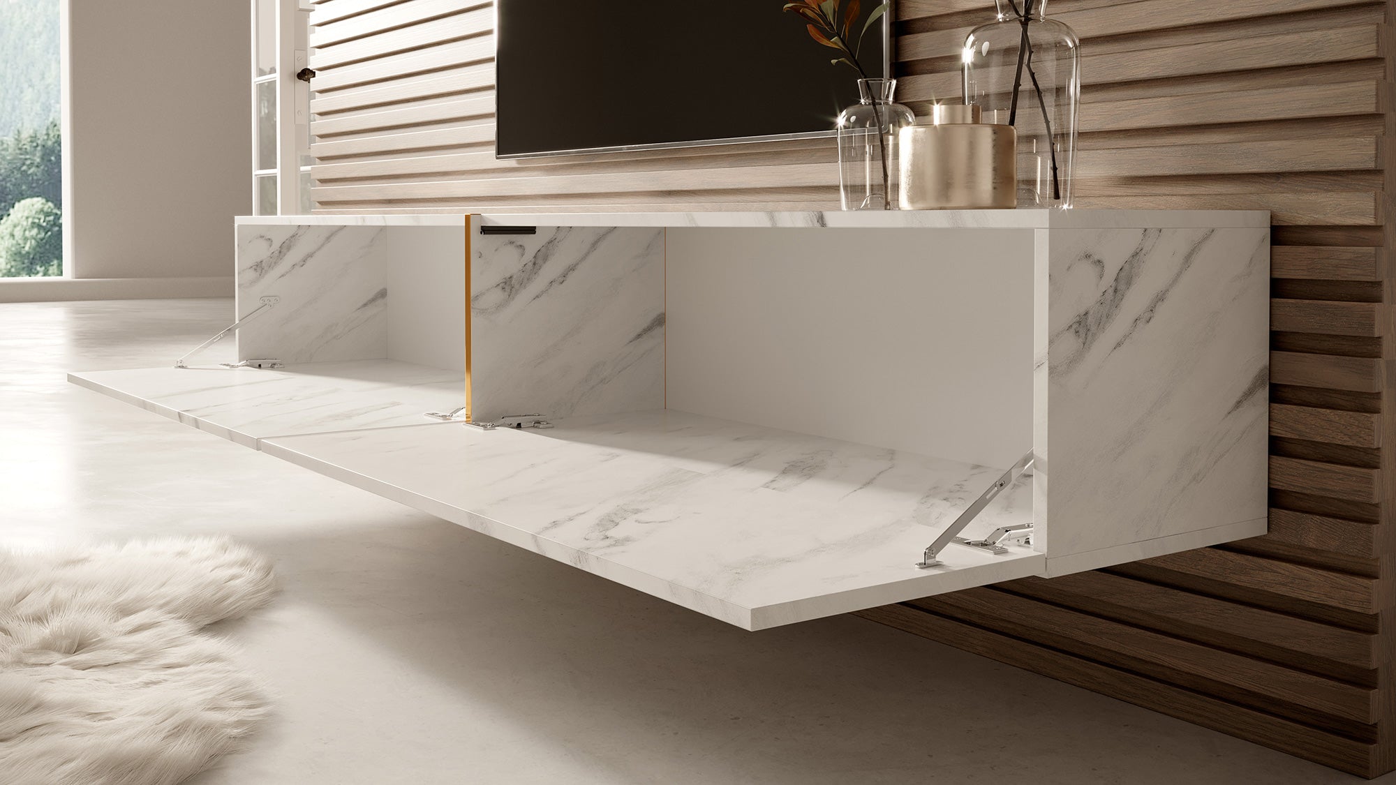 Szafka RTV Bisira 200 cm biały marmur ze złotą wstawką