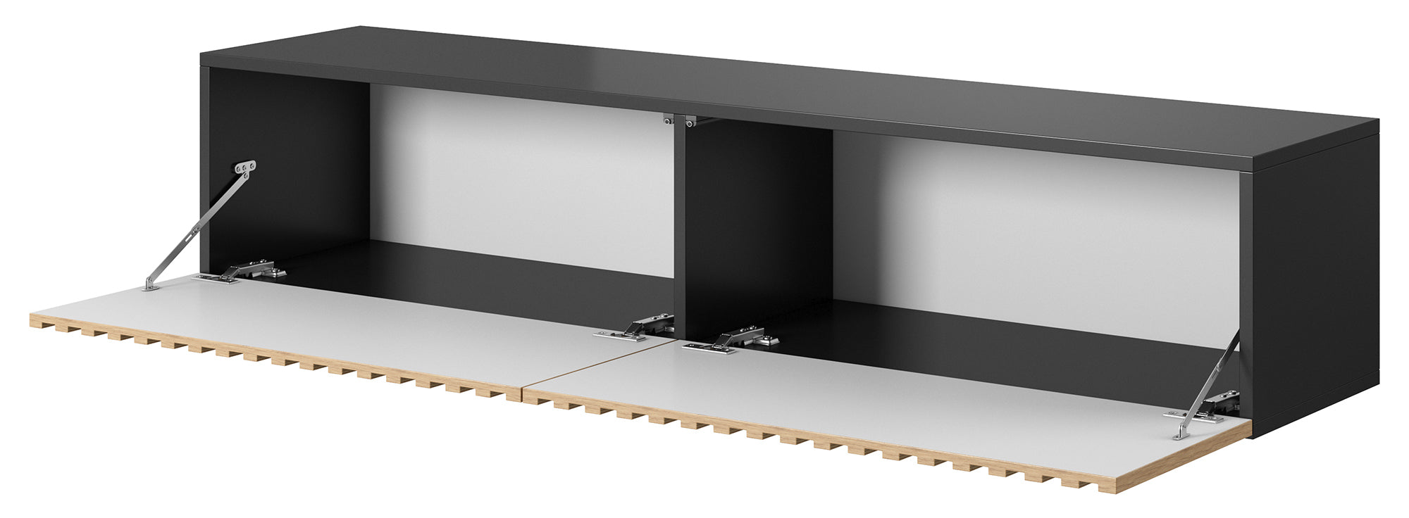 Szafka RTV Telire 138,6 cm czarna z lamelowym frontem dąb artisan