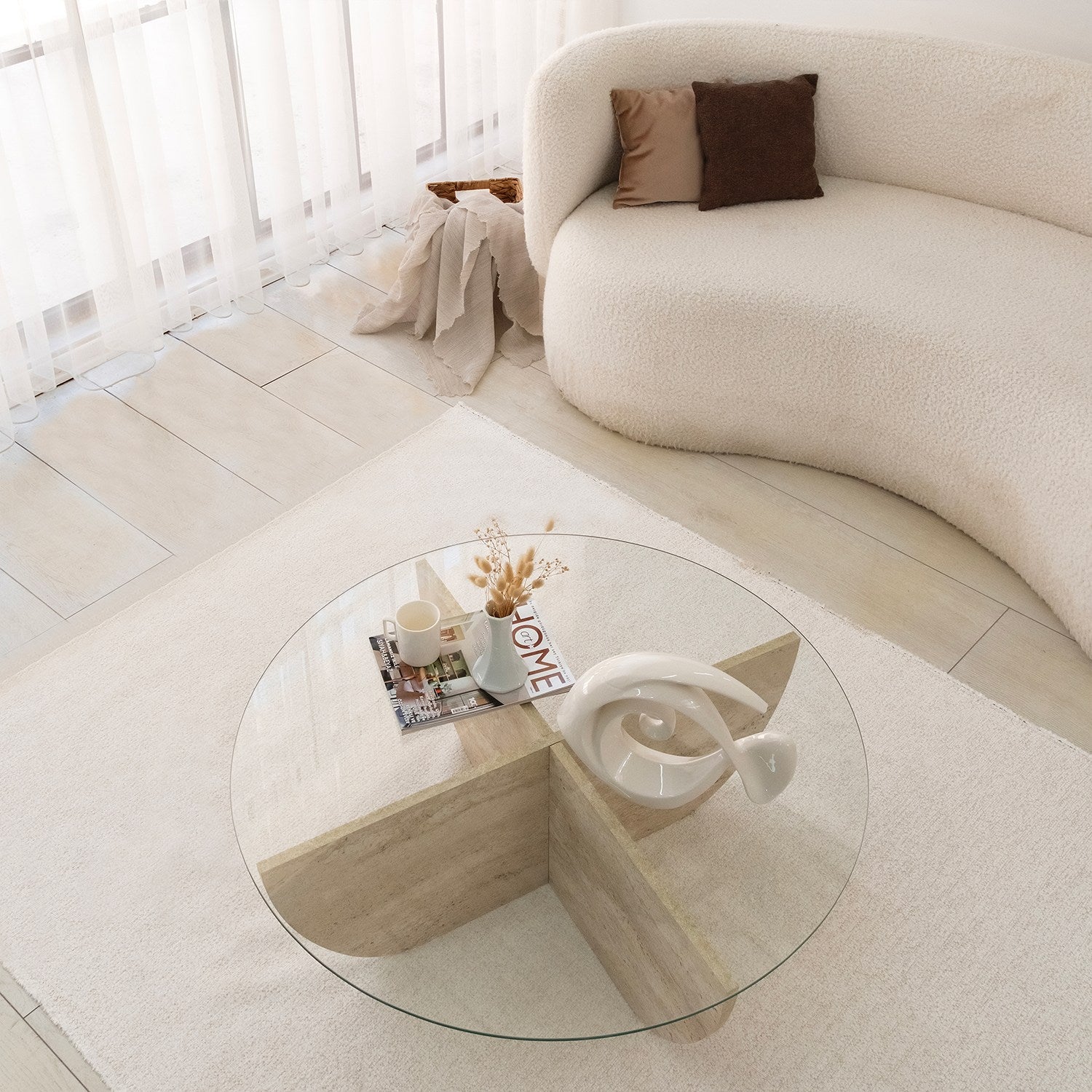 Stolik kawowy okrągły Mishuts 90x90 cm szklany blat/trawertyn