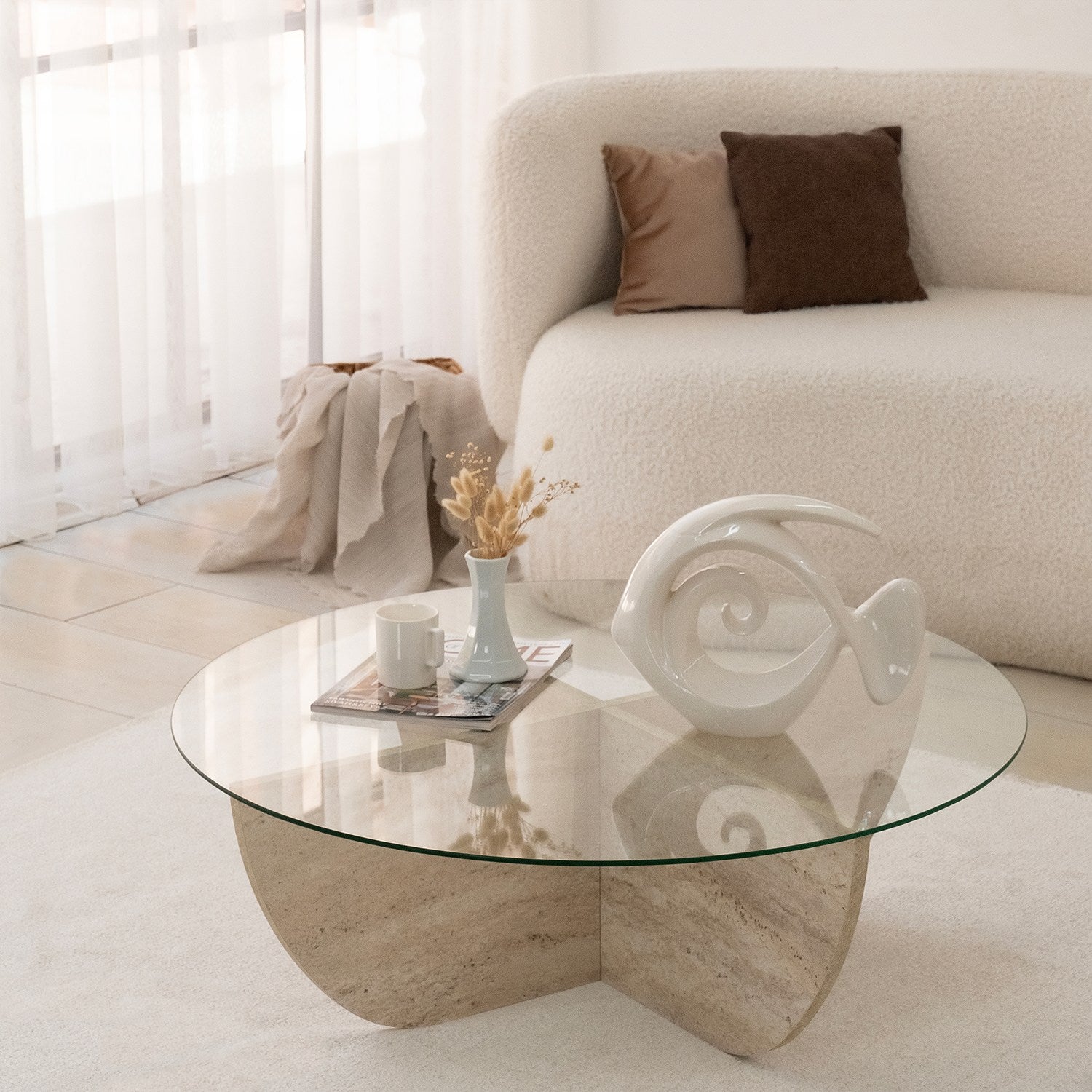 Stolik kawowy okrągły Mishuts 90x90 cm szklany blat/trawertyn