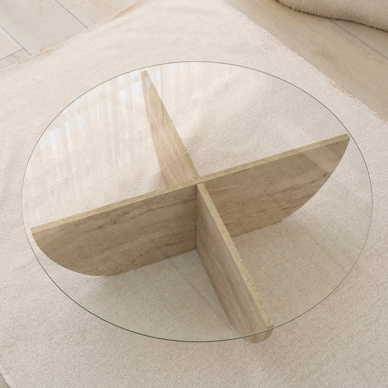 Stolik kawowy okrągły Mishuts 90x90 cm szklany blat/trawertyn