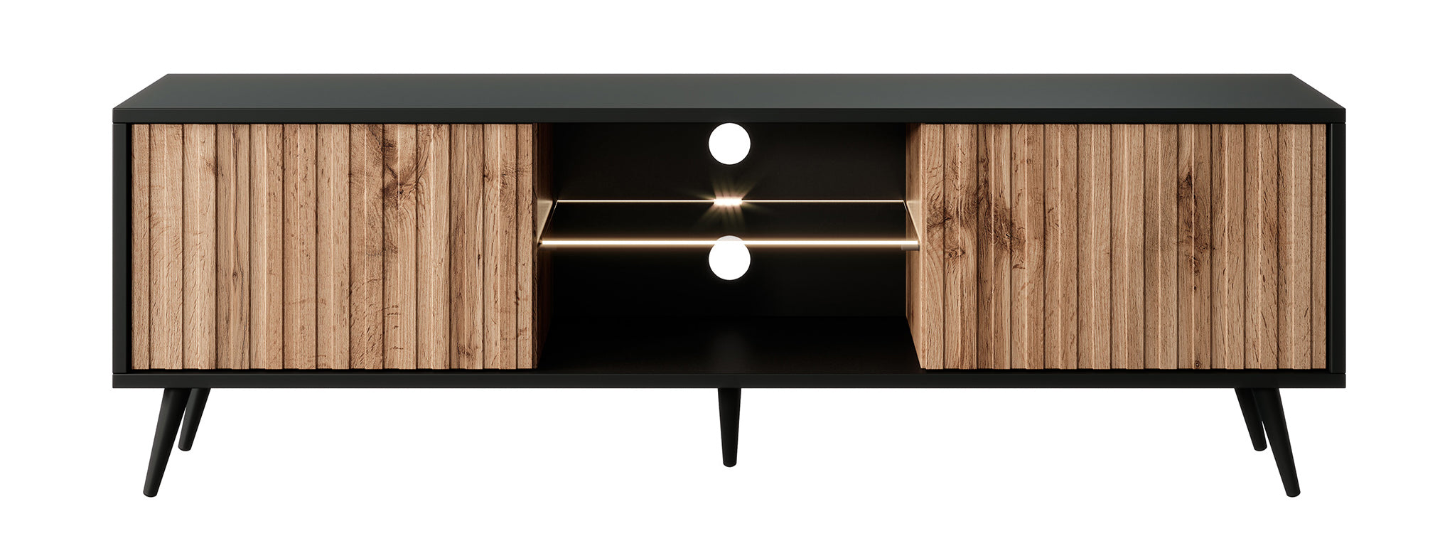 Szafka RTV Bello z lamelowymi frontami 135 cm czarna/dąb wotan z led