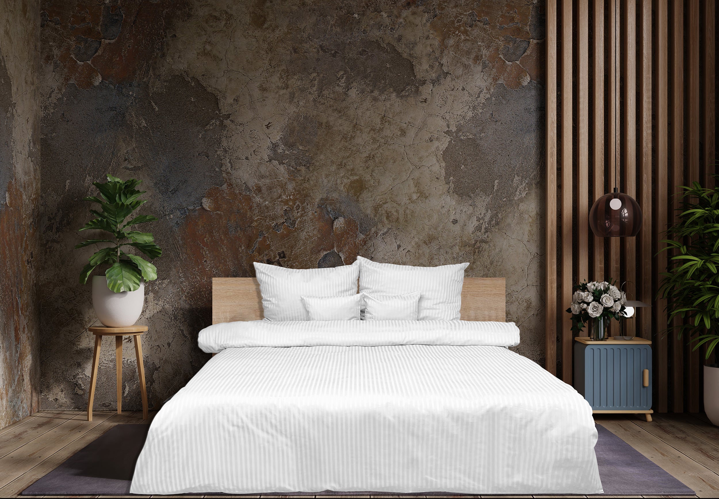 Pościel Damask w paski 200x160 cm z dwiema poszewkami na poduszkę 80x70 cm biała