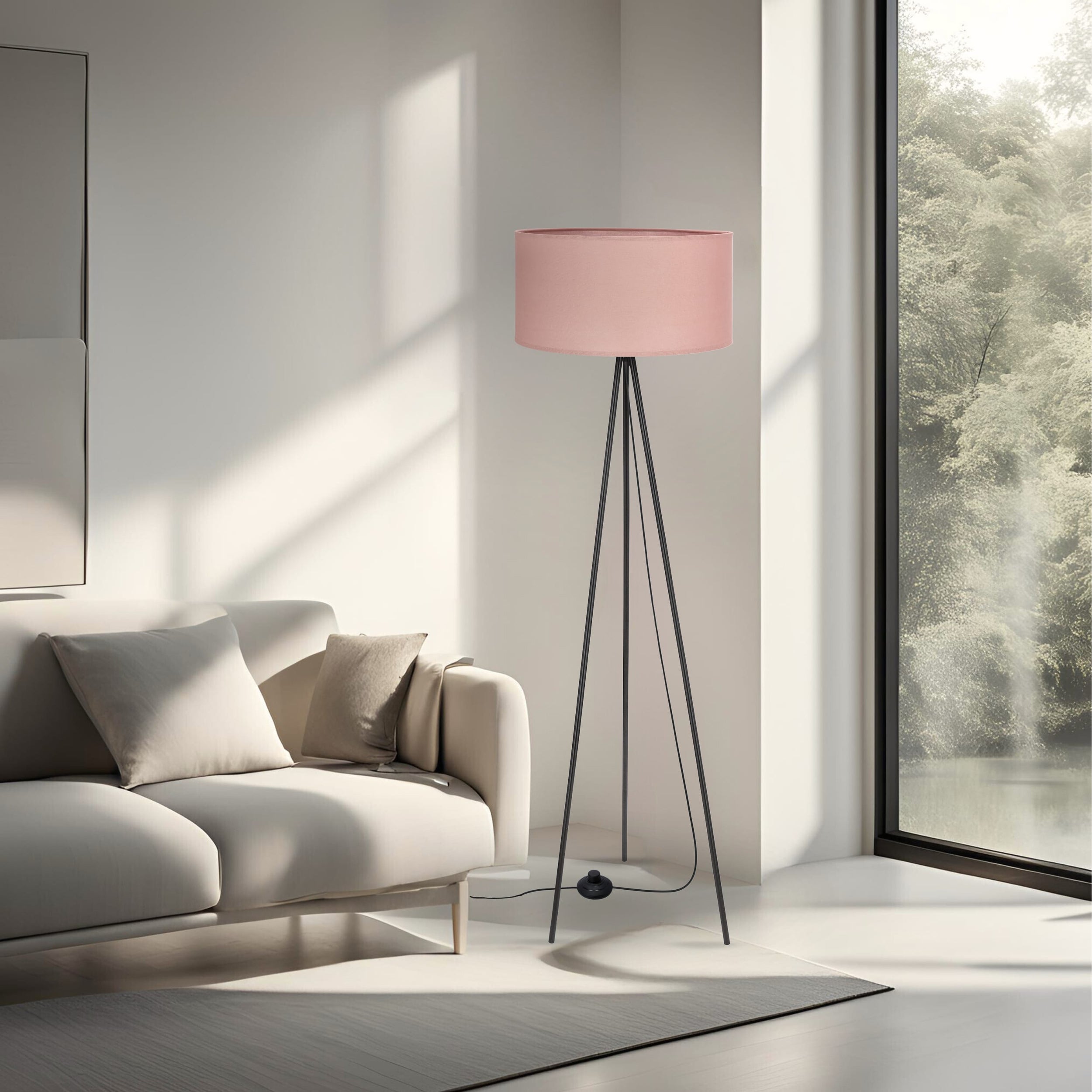 Lampa podłogowa Shanti czarna E27 40W z jasnym wrzosowym abażurem