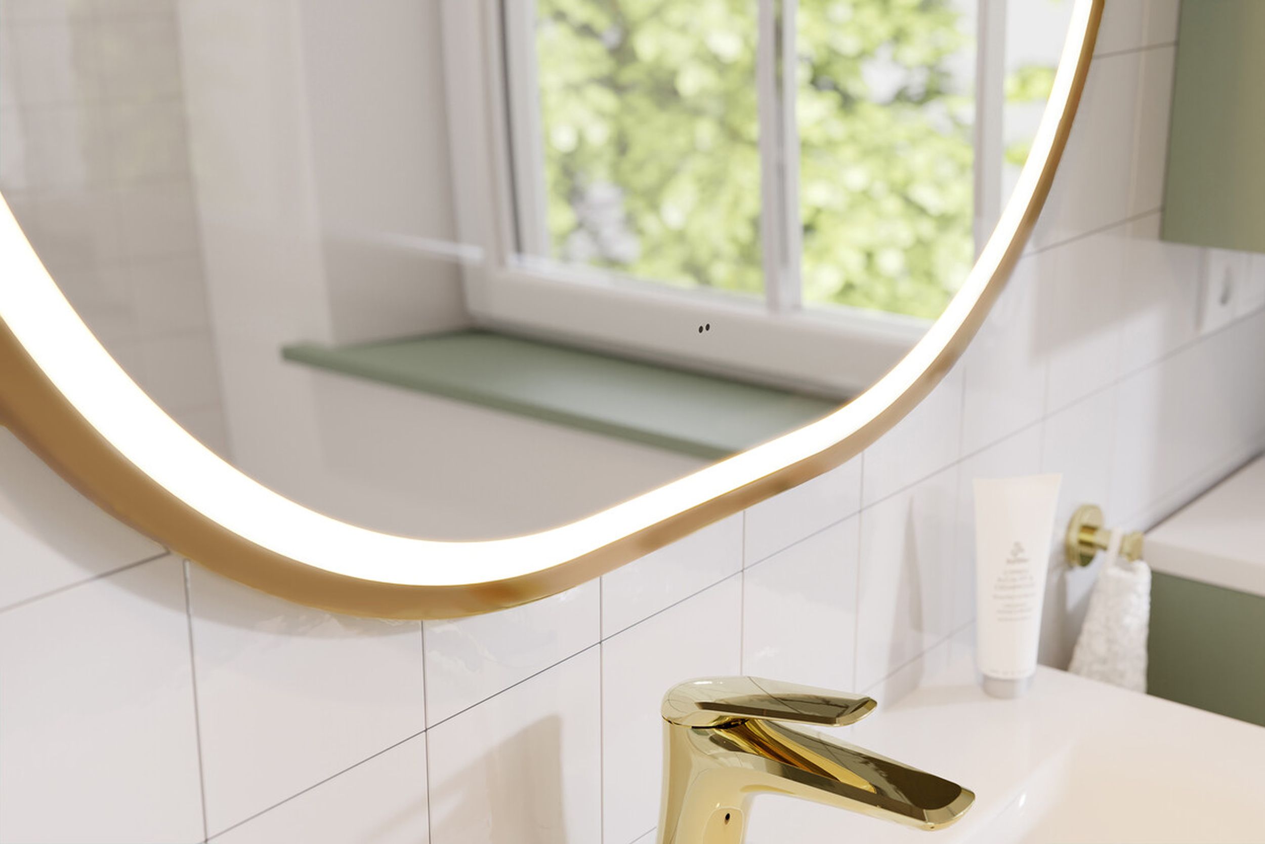 Lustro z oświetleniem LED Olimmi 90x70 cm w złotej ramie