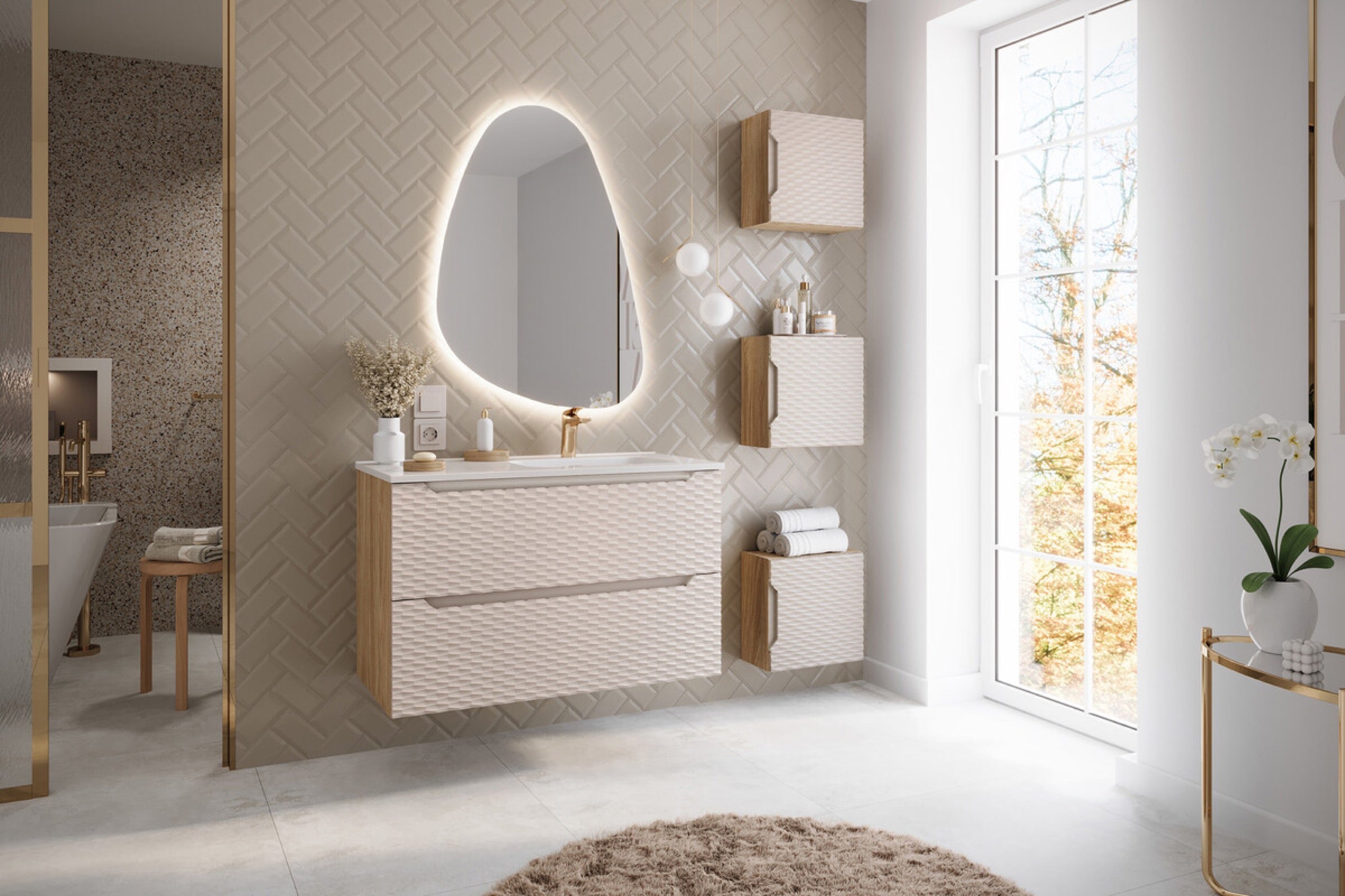 Umywalka łazienkowa jednokomorowa Go 120x46 cm z blatem ceramicznym po prawej stronie biały połysk