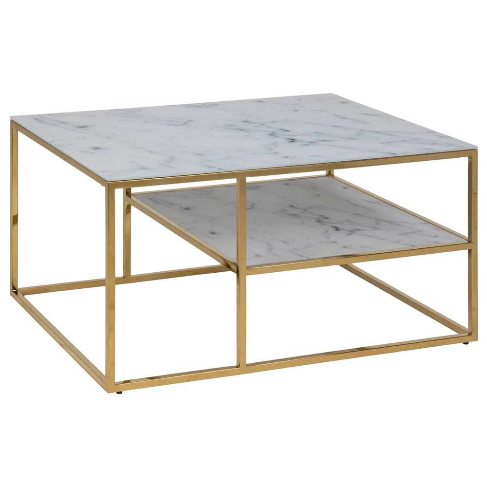 Stolik szklany Perqy z półką 60x90 cm biały ze złotą ramą