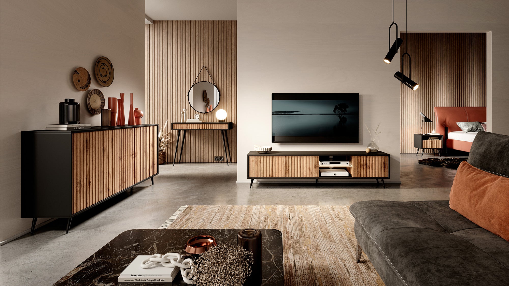 Szafka RTV Bello z lamelowymi frontami 175 cm czarna/dąb wotan z led