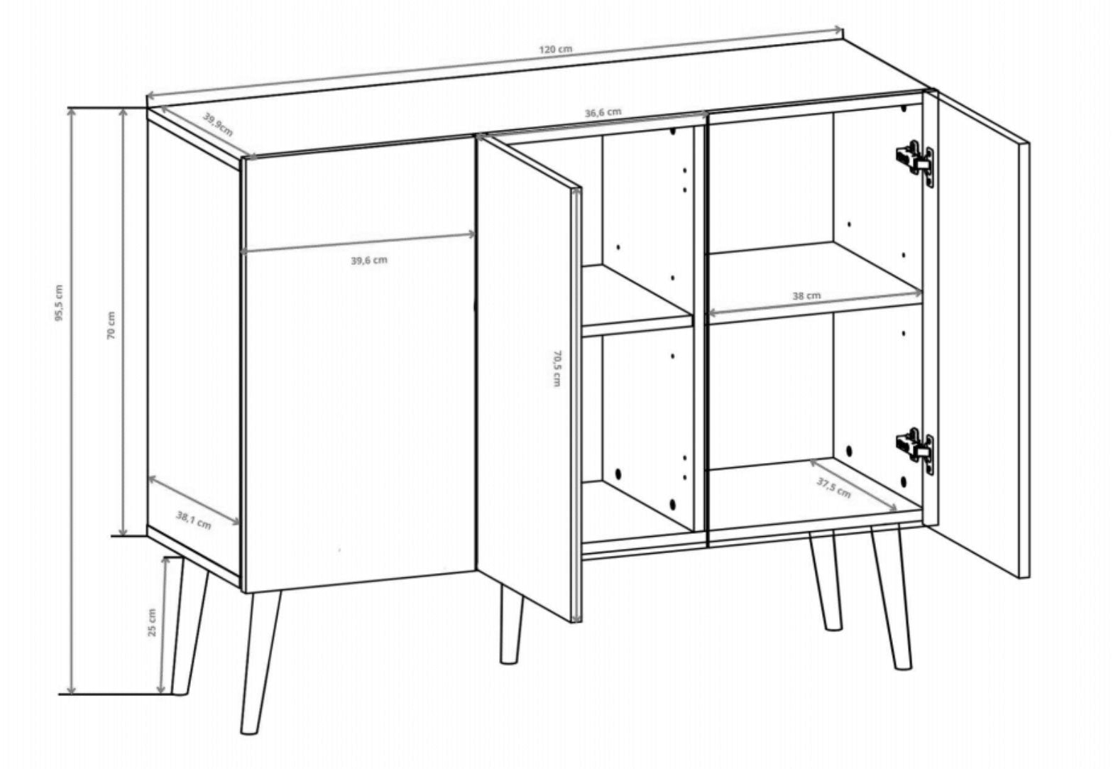 Komoda trzydrzwiowa Damally 120 cm szara z czarnymi nogami