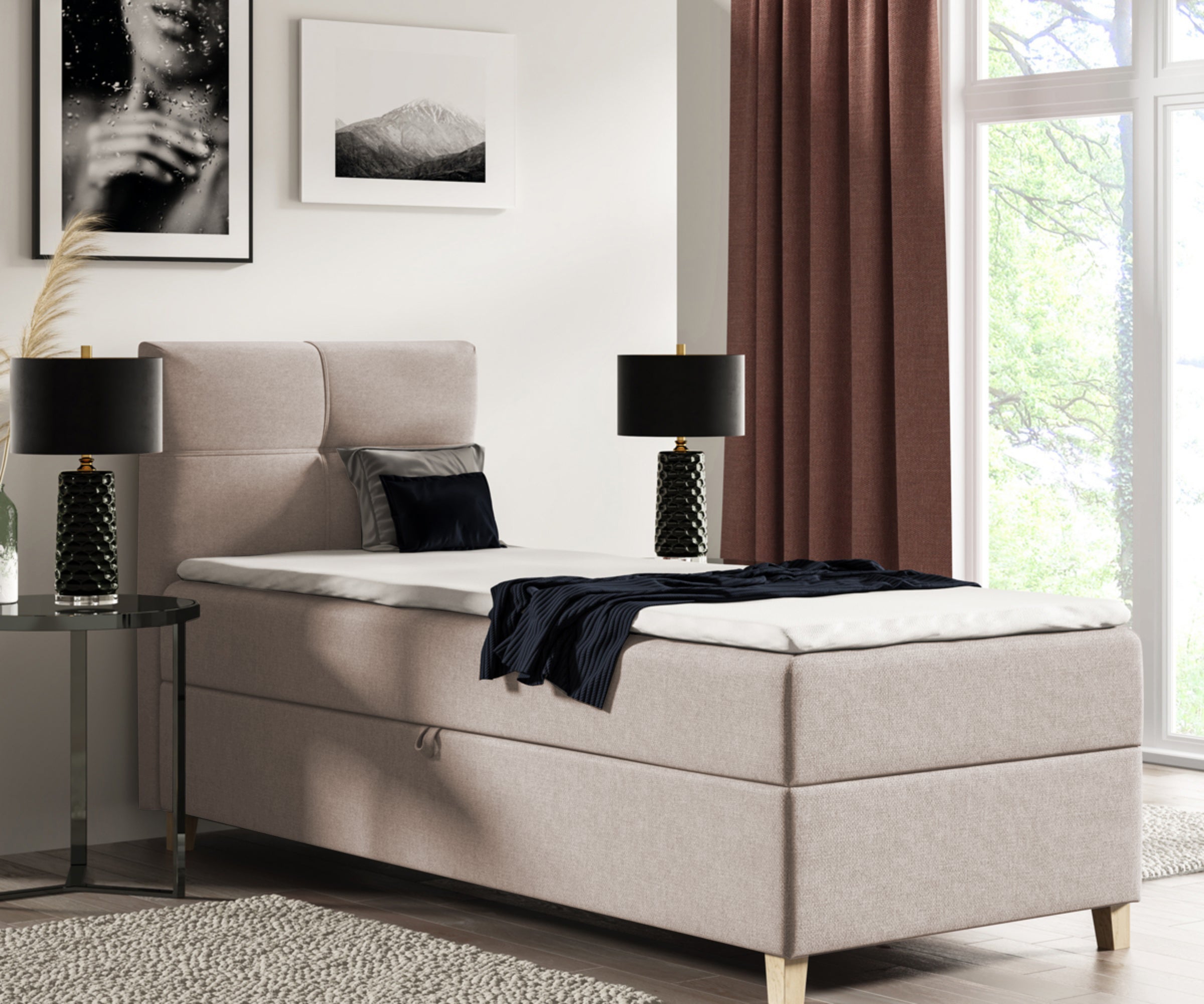 Łóżko kontynentalne 90x200 cm Firmini z pojemnikiem i topperem jednoosobowe beżowe welur prawostronne