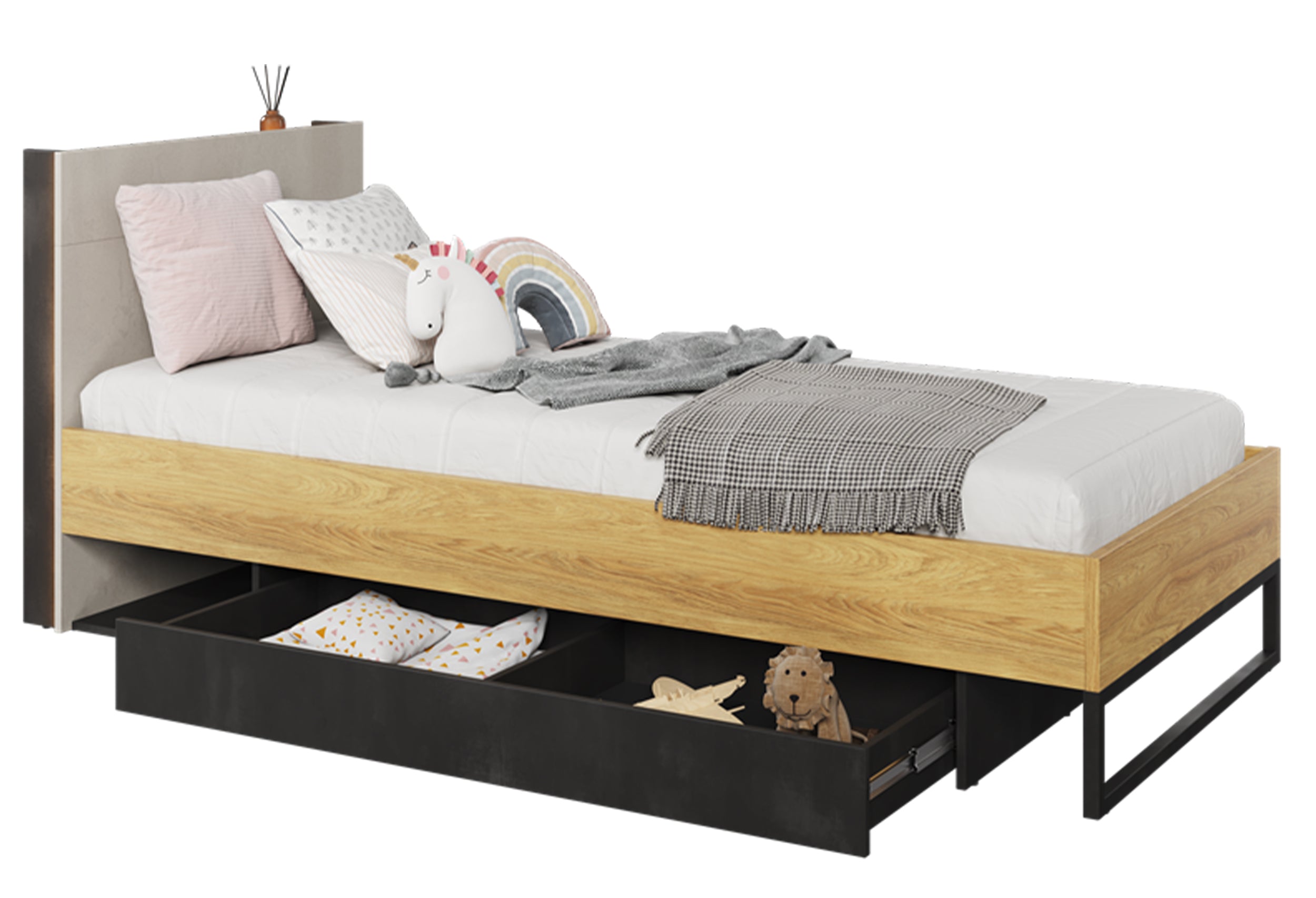 Łóżko Teen Flex z szufladą 90 cm Hikora naturalna / silk flou / raw steel
