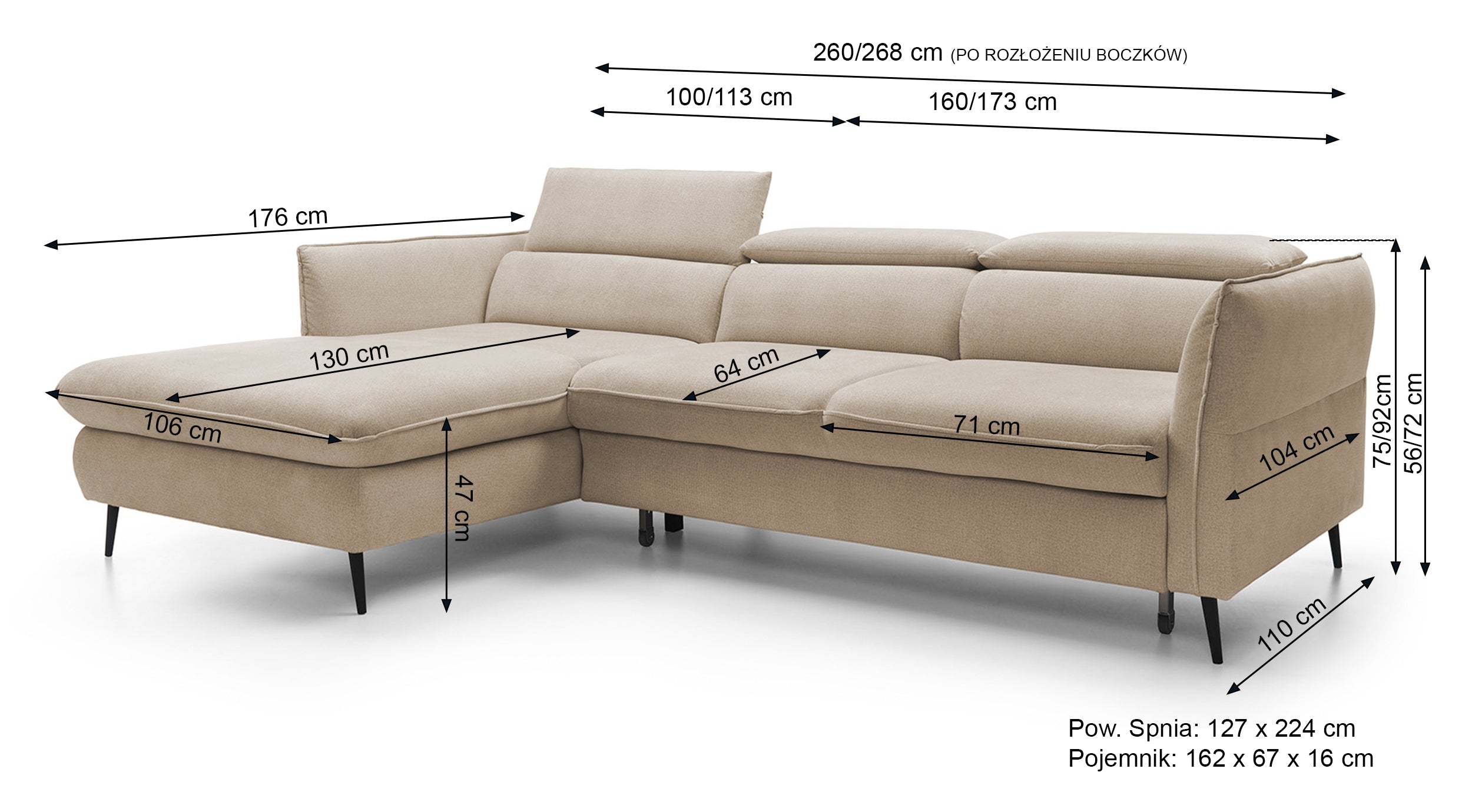 Narożnik z funkcją spania Beira z pojemnikiem beżowy prawostronny