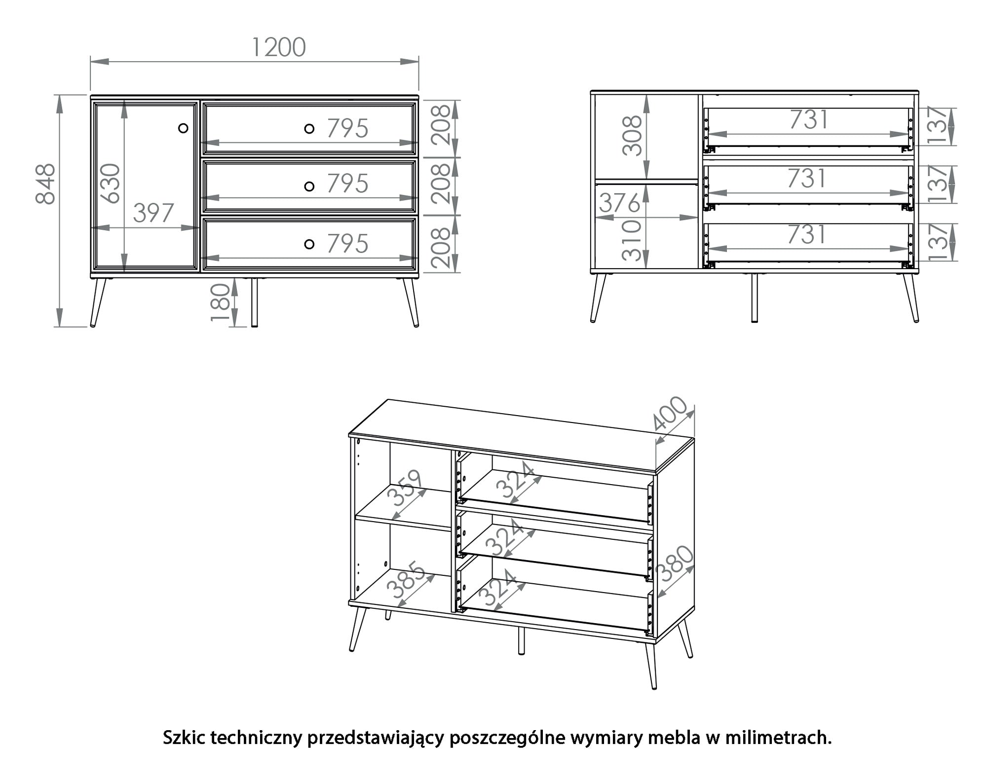 Komoda jednodrzwiowa Darrby 120 cm z trzema szufladami biała/biały połysk ze złotymi nogami