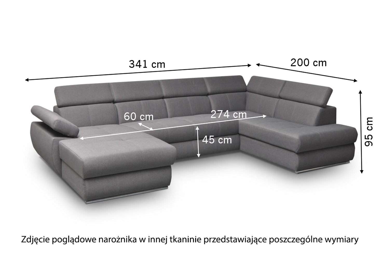 Narożnik z funkcją spania Ararip 341 cm U-kształtny z regulowanymi zagłówkami i pojemnikiem jasnobeżowy welur hydrofobowy prawostronny
