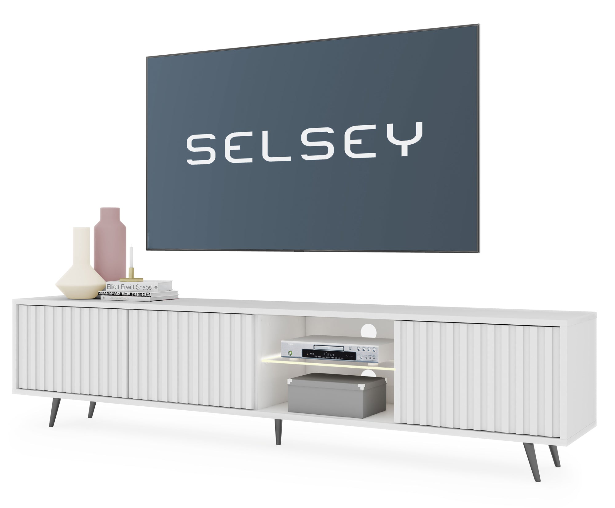 Szafka RTV Bello z lamelowymi frontami 175 cm biała z led z czarnymi nogami