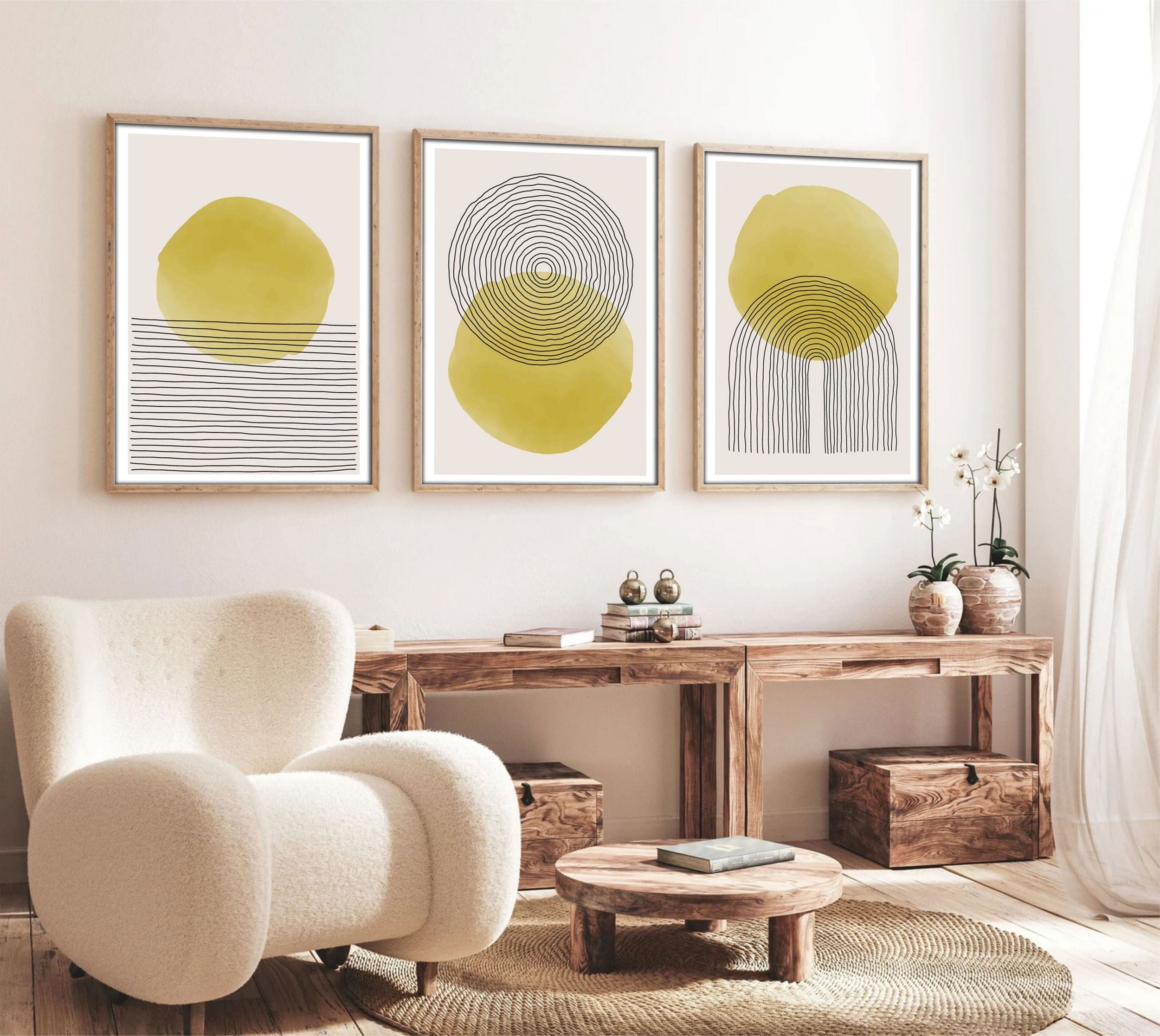 Zestaw trzech obrazów Bodenass 30x20 cm żółtozielone koło