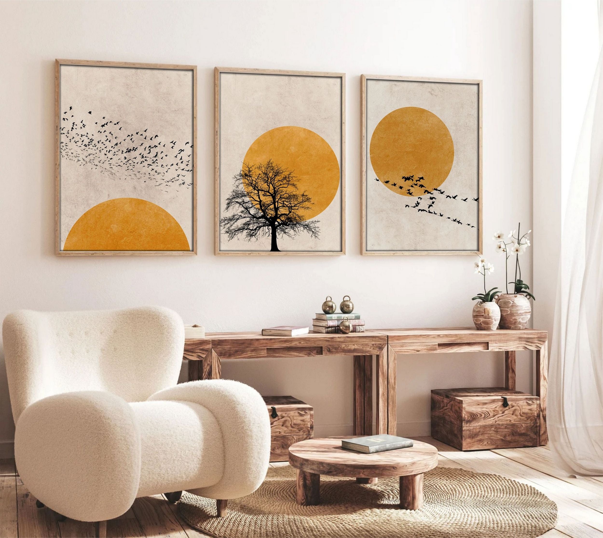 Zestaw trzech obrazów Bodenass 50x70 cm słońce z czarnymi akcentami