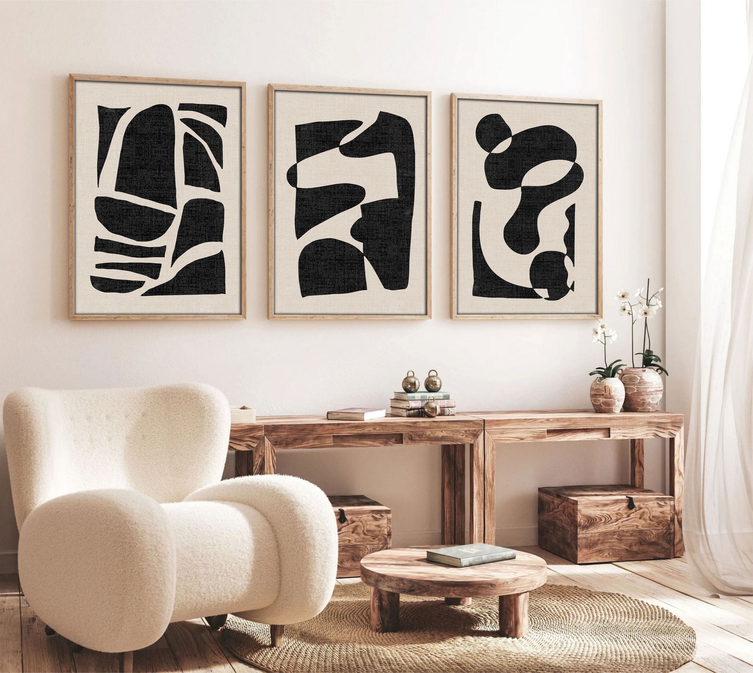 Zestaw trzech obrazów Bodenass 50x70 cm czarno-beżowa abstrakcja