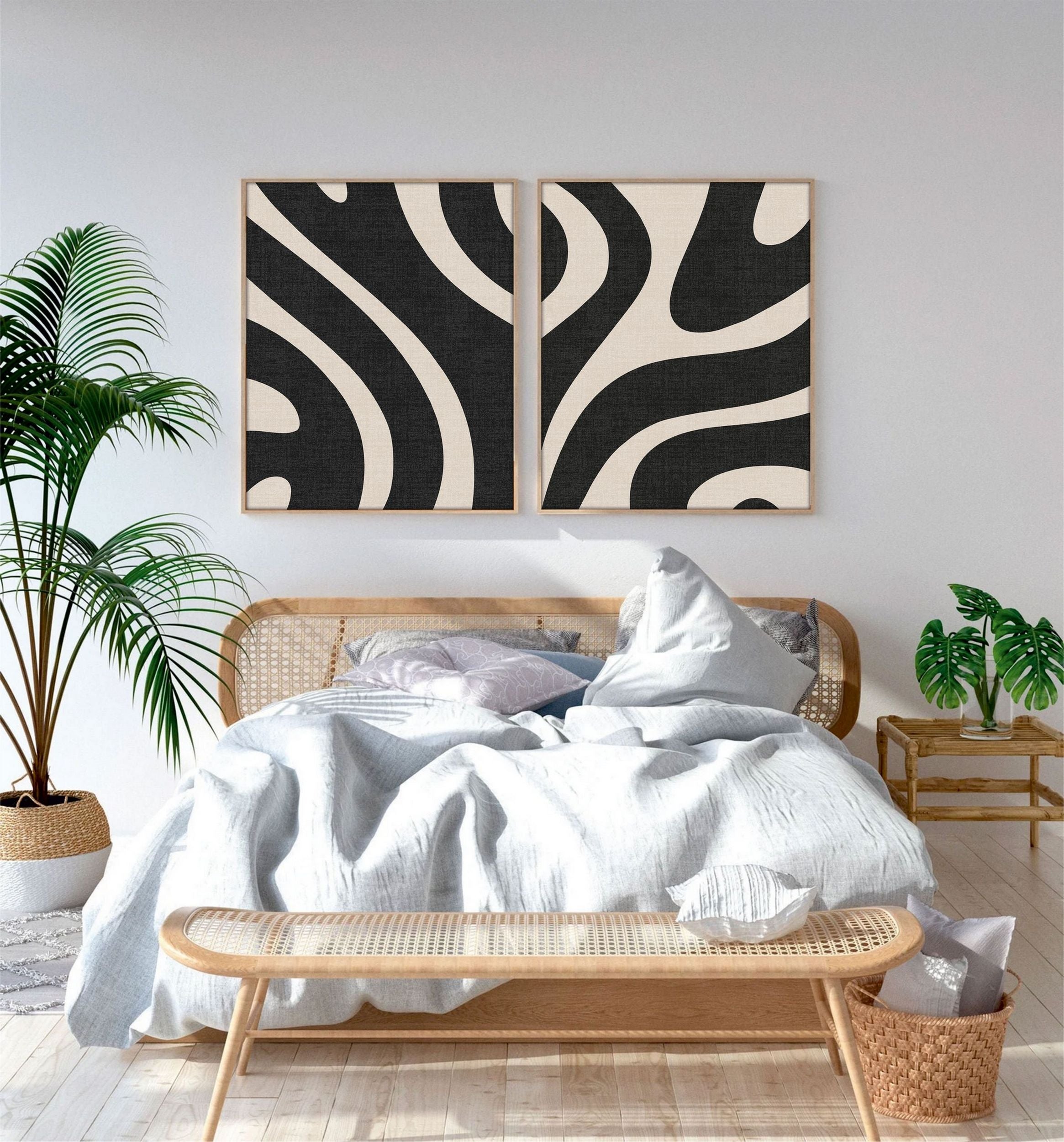 Zestaw 2 obrazów Bodenass 40x30 cm beżowo-czarne pasy