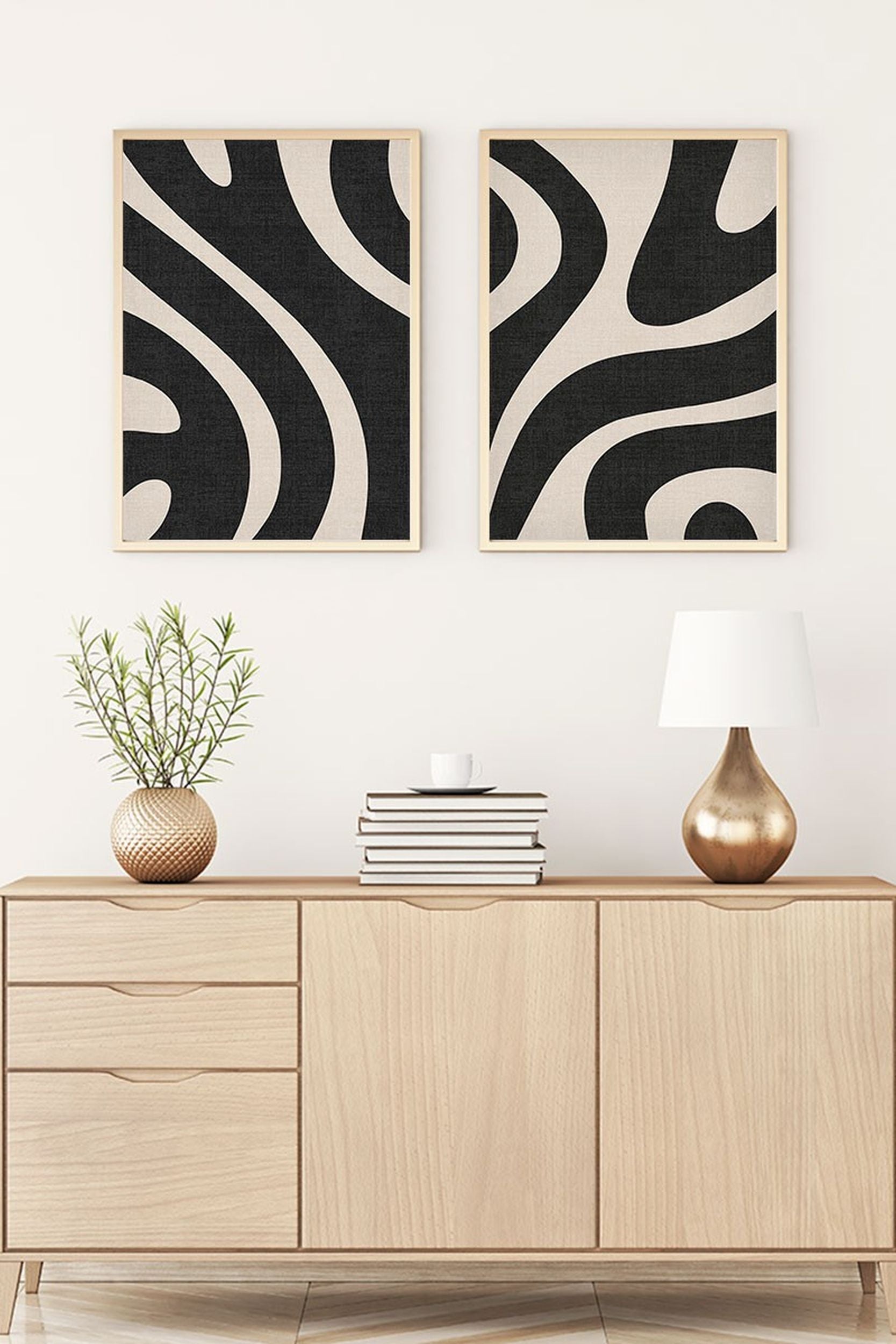 Zestaw 2 obrazów Bodenass 40x30 cm beżowo-czarne pasy