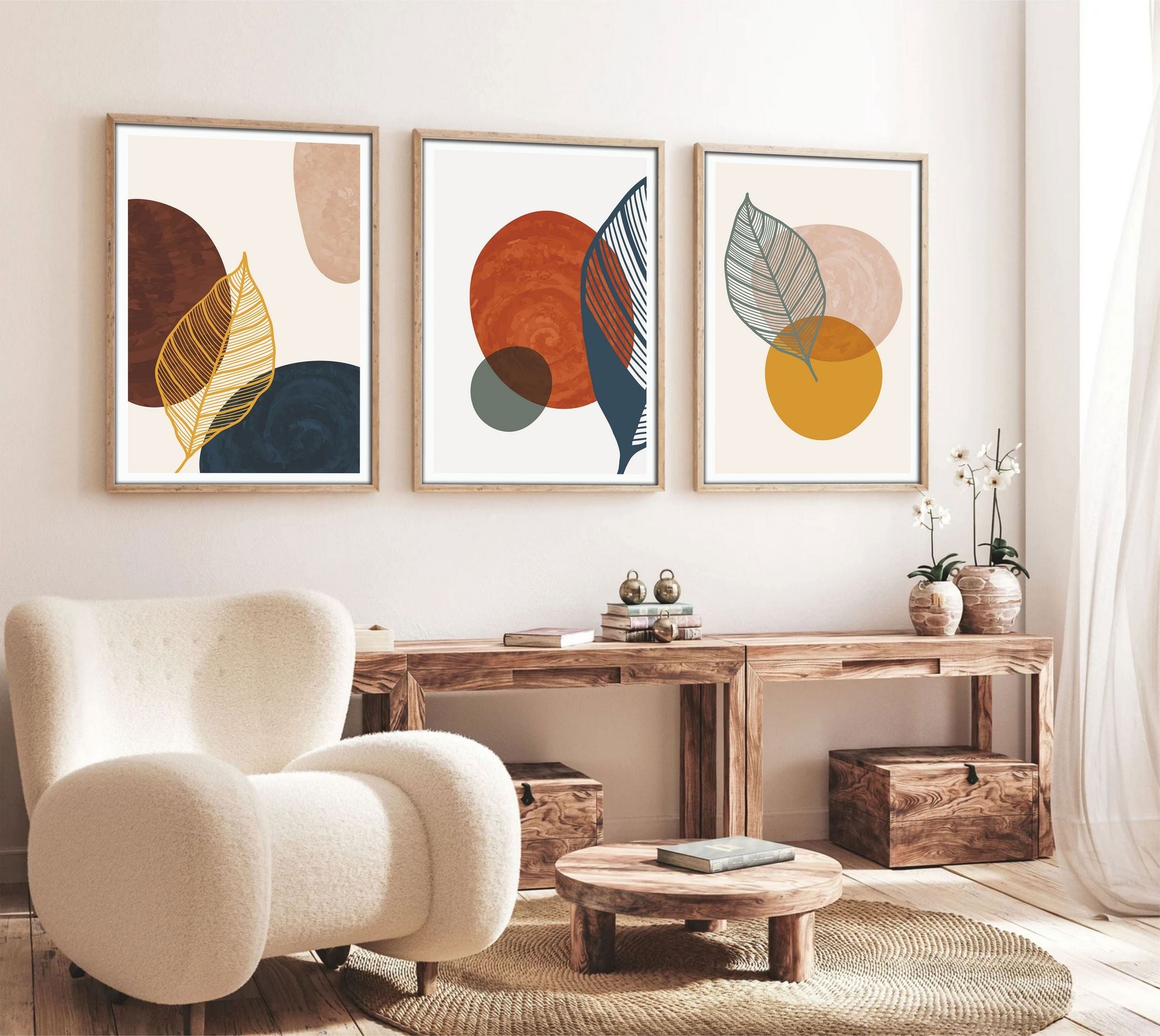 Zestaw trzech obrazów Bodenass 50x70 cm liście i koła