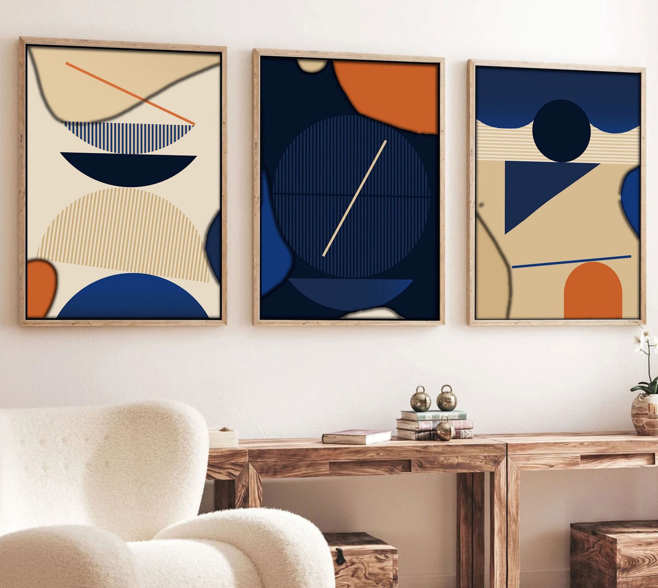 Zestaw trzech obrazów Bodenass 70x50 cm granatowo-beżowe