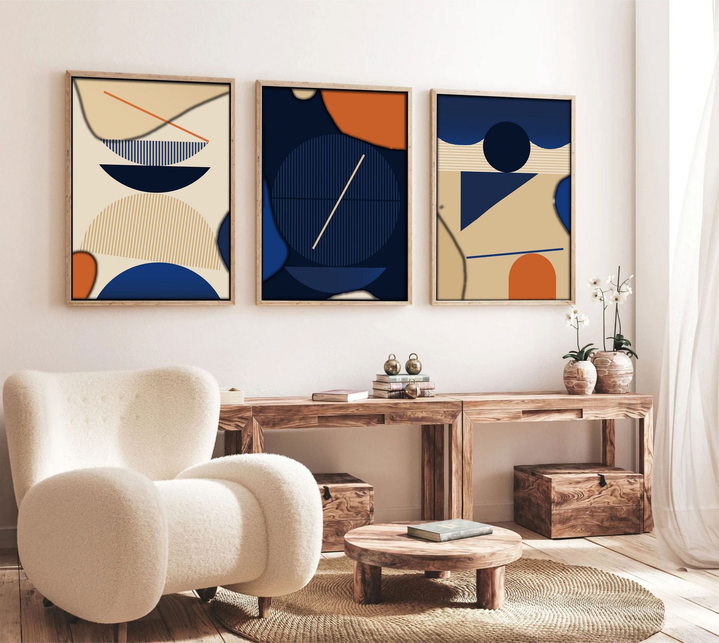 Zestaw trzech obrazów Bodenass 70x50 cm granatowo-beżowe