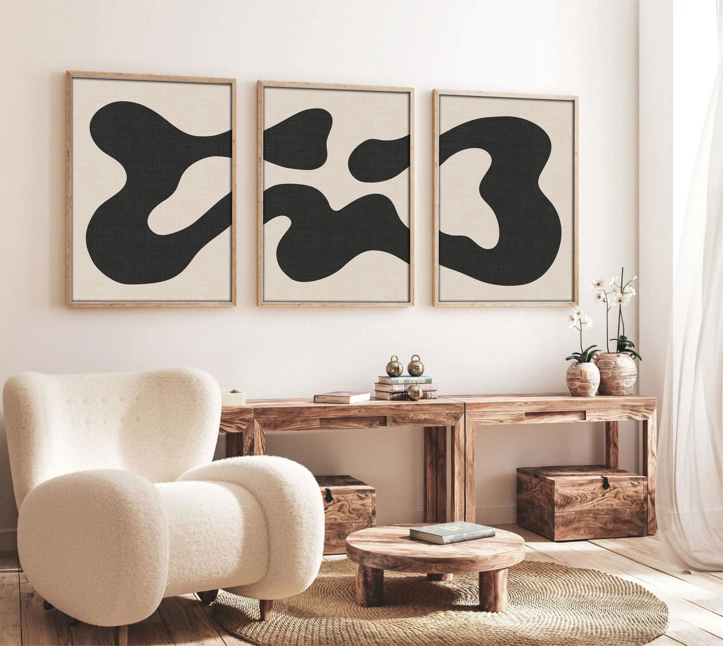 Zestaw trzech obrazów Bodenass 50x70 cm czarno-beżowa abstrakcja II