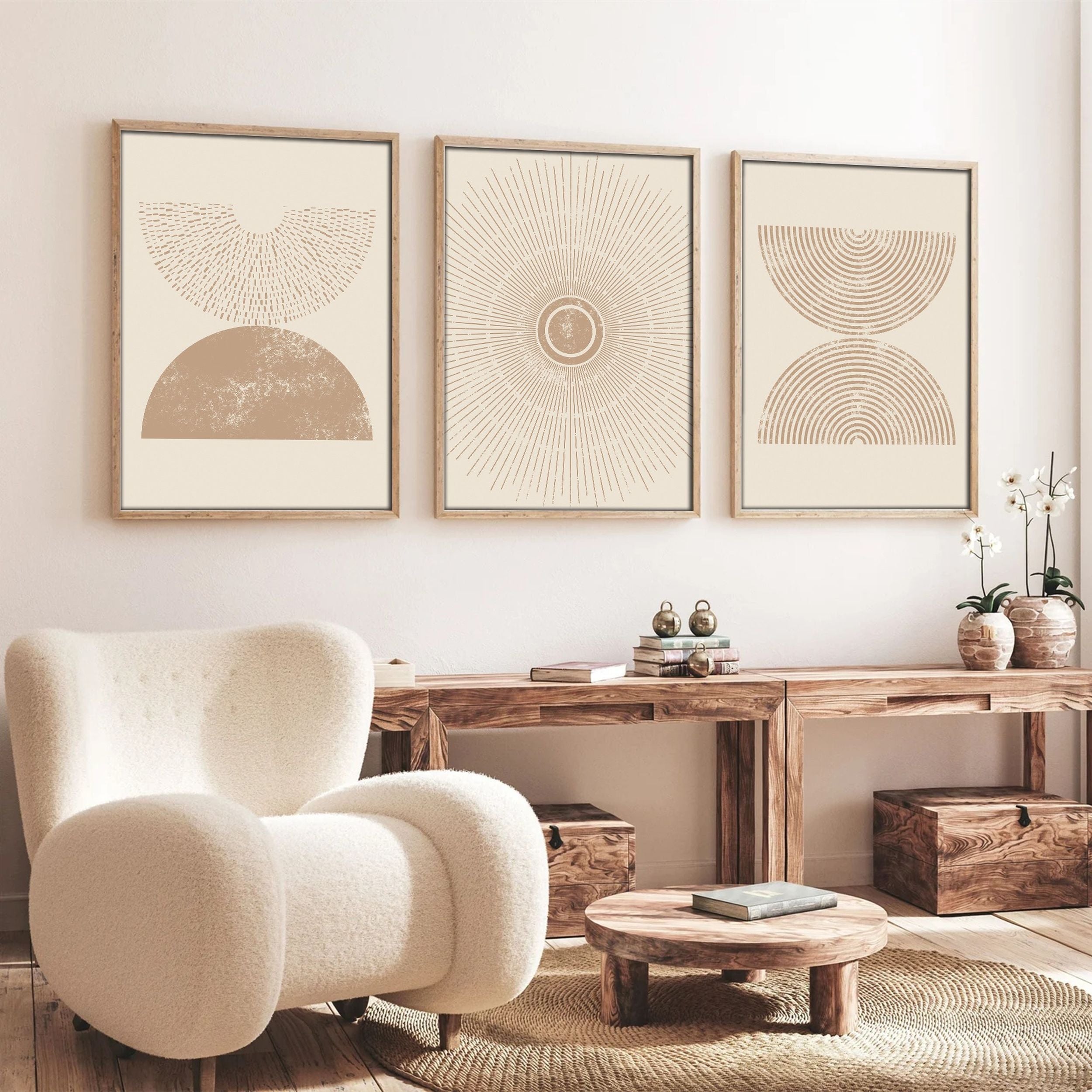Zestaw trzech obrazów Bodenass 70x50 cm odcienie beżu