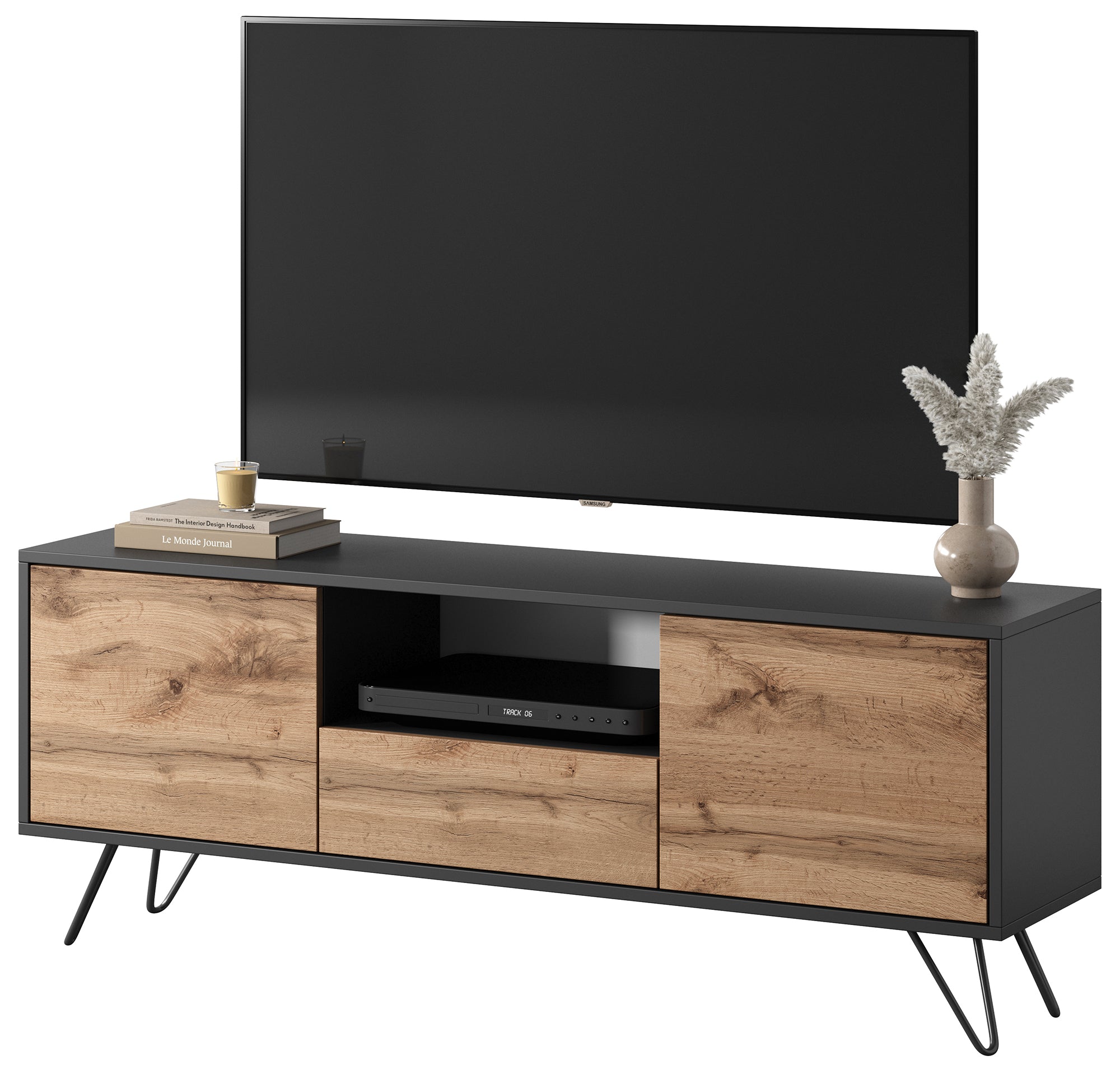 Szafka RTV Ploystea 137 cm Czarny / dąb wotan