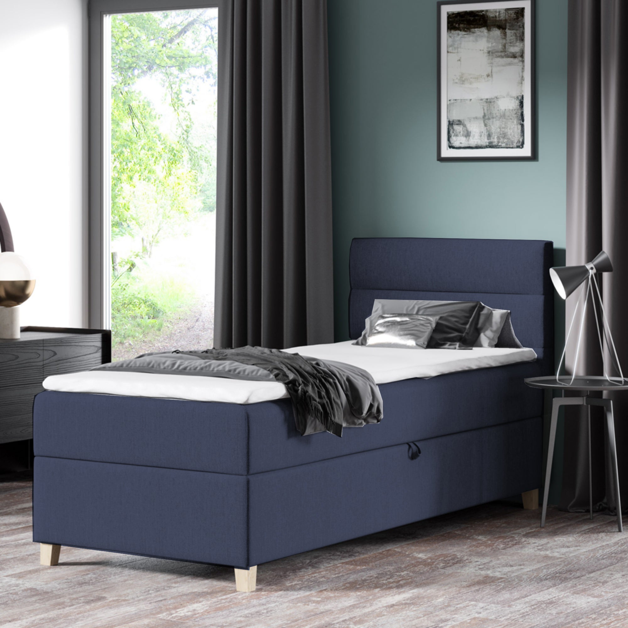 Łóżko kontynentalne 90x200 cm Charolle z pojemnikiem i topperem jednoosobowe granatowe welur prawostronne