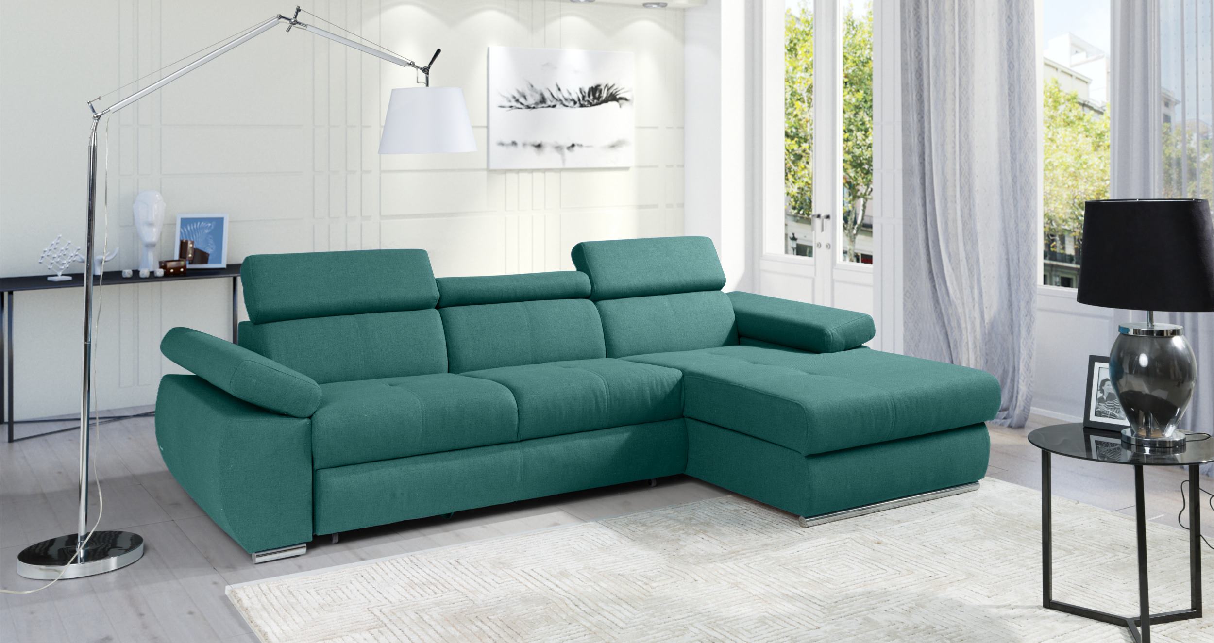 Narożnik z funkcją spania Ararip 276 cm L-kształtny z regulowanymi zagłówkami i pojemnikiem turkusowy welur hydrofobowy prawostronny