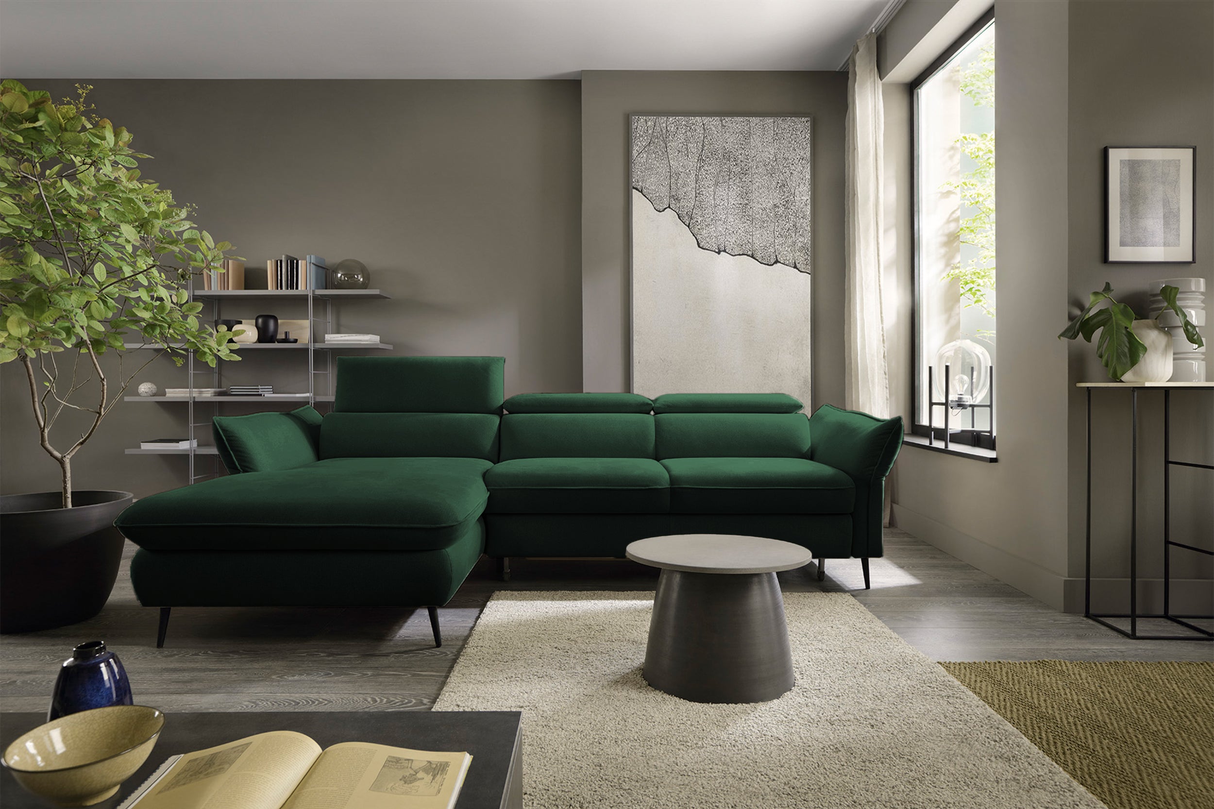 Narożnik z funkcją spania Beira z pojemnikiem zielony prawostronny