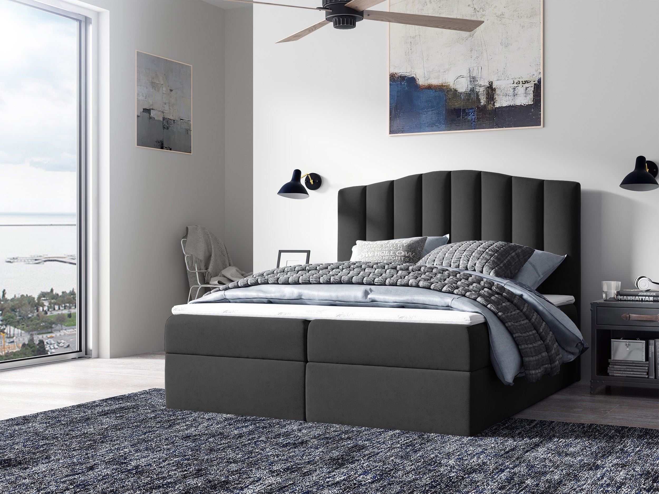 Łóżko kontynentalne Alcudia 140x200 z dwoma pojemnikami, materacem i topperem ciemnoszare hydrofobowe