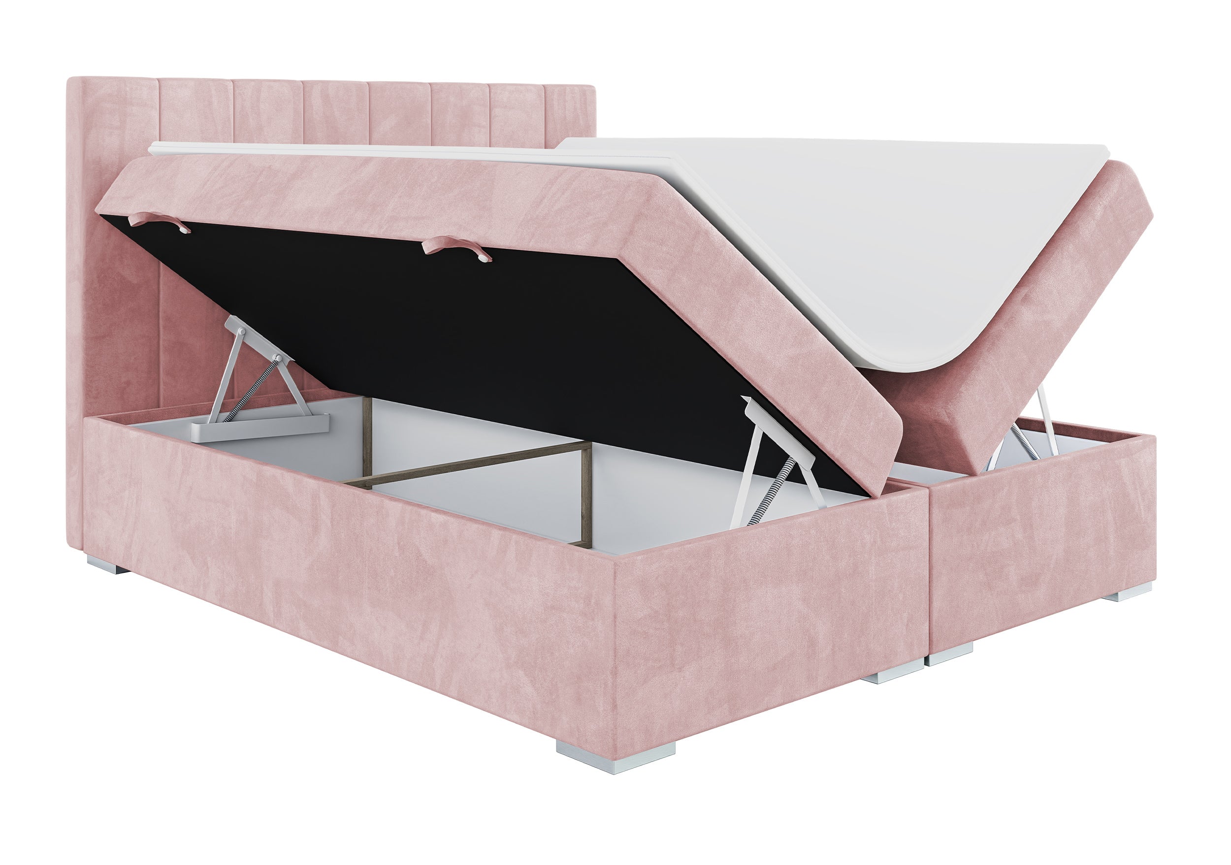Łóżko kontynentalne 180x200 cm Alenna z pojemnikami i topperem jasnoróżowe welur hydrofobowy